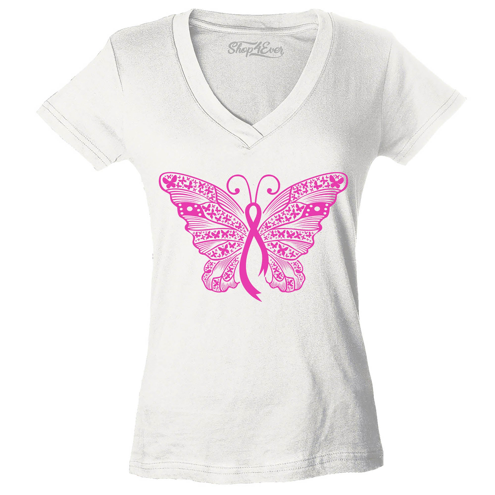 Pink Ribbon Butterfly Breast Cancer Awareness Women's V-Neck T-Shirt Slim Fit