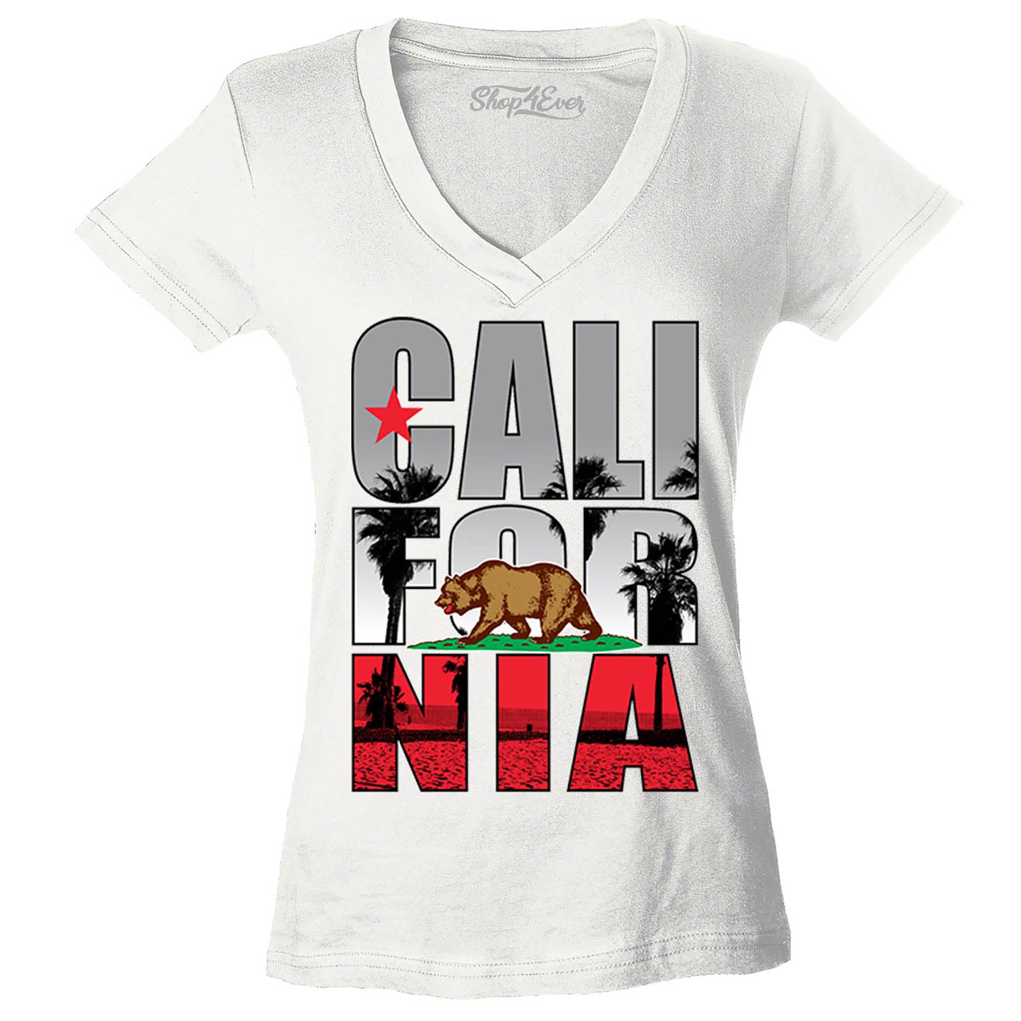 California Beach Palm Tree Women's V-Neck T-Shirt Flag Shirts Slim FIT