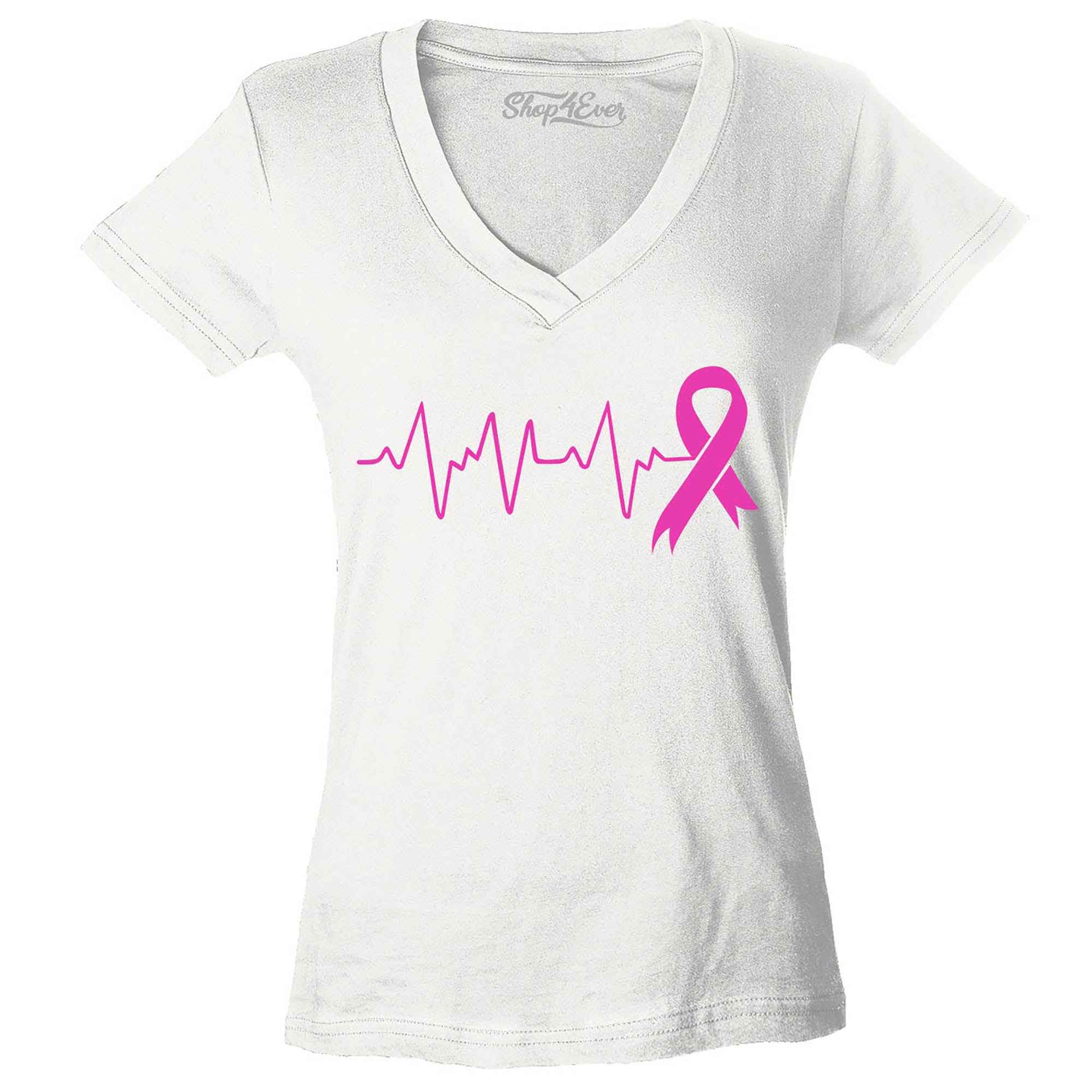 Heartbeat Pink Ribbon Breast Cancer Awareness Women's V-Neck T-Shirt Slim Fit