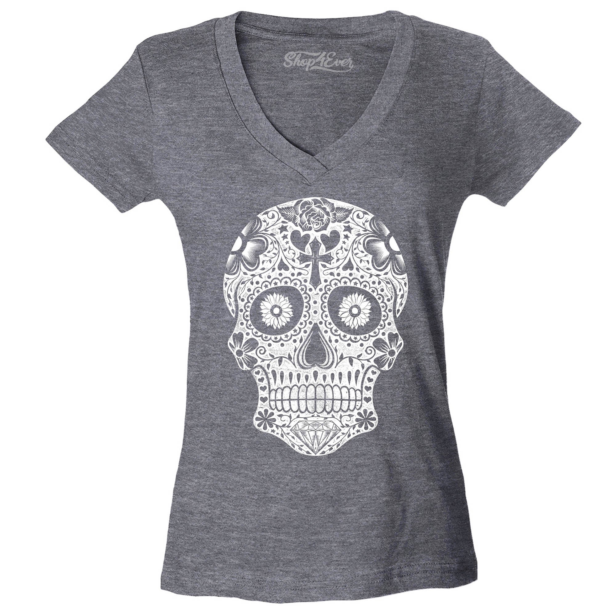 Day of The Dead White Skull Women's V-Neck T-Shirt Slim Fit