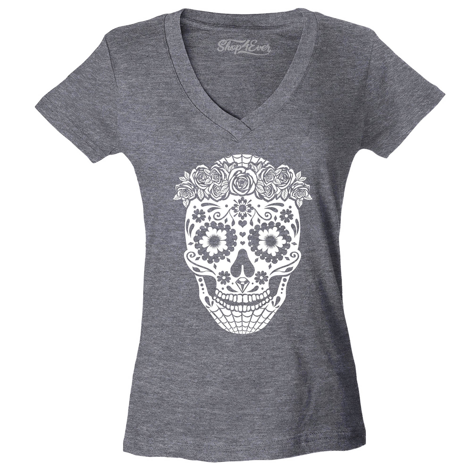 Floral Day of The Dead Girl Skull Women's V-Neck T-Shirt Slim Fit