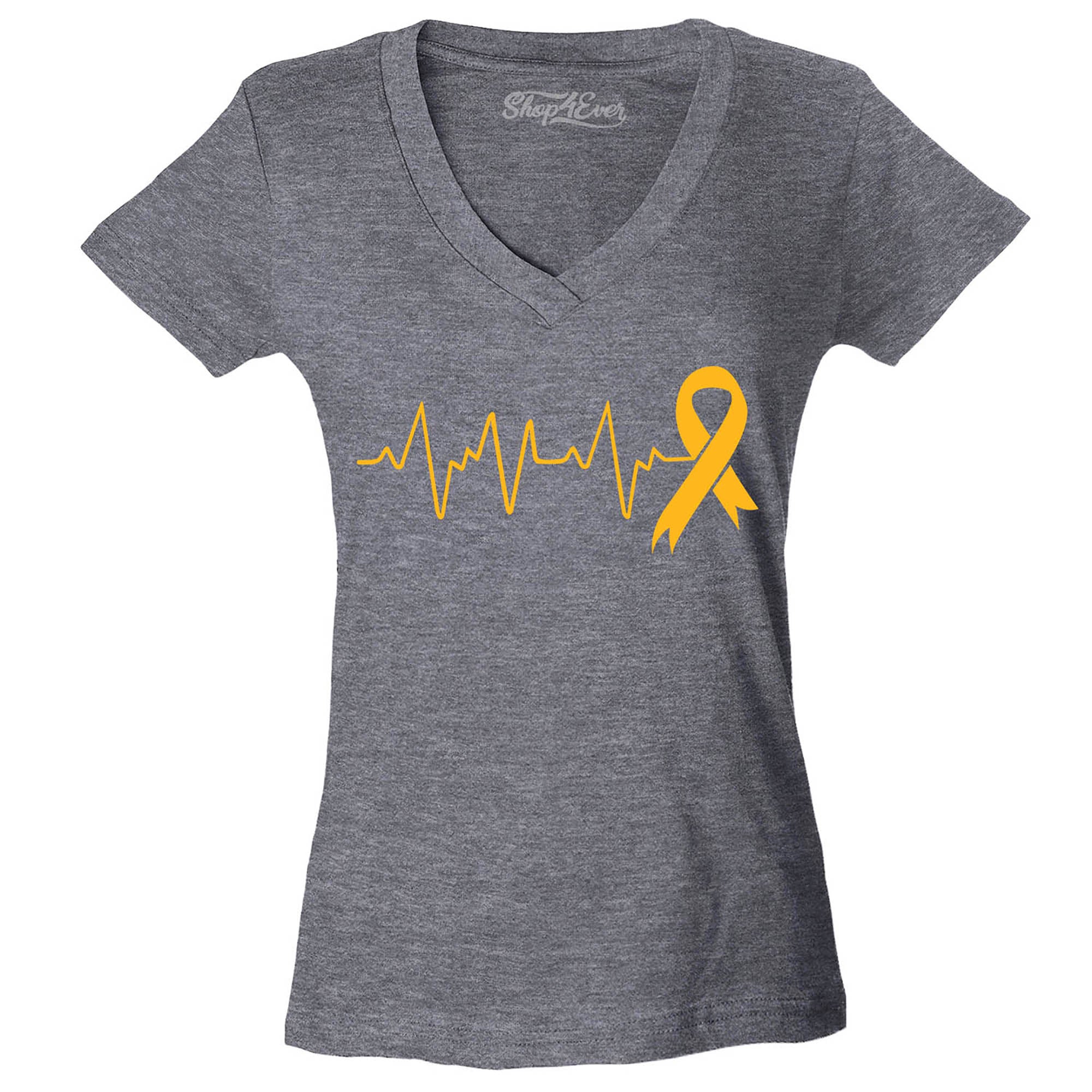 Heartbeat Gold Ribbon Childhood Cancer Awareness Women's V-Neck T-Shirt Slim Fit