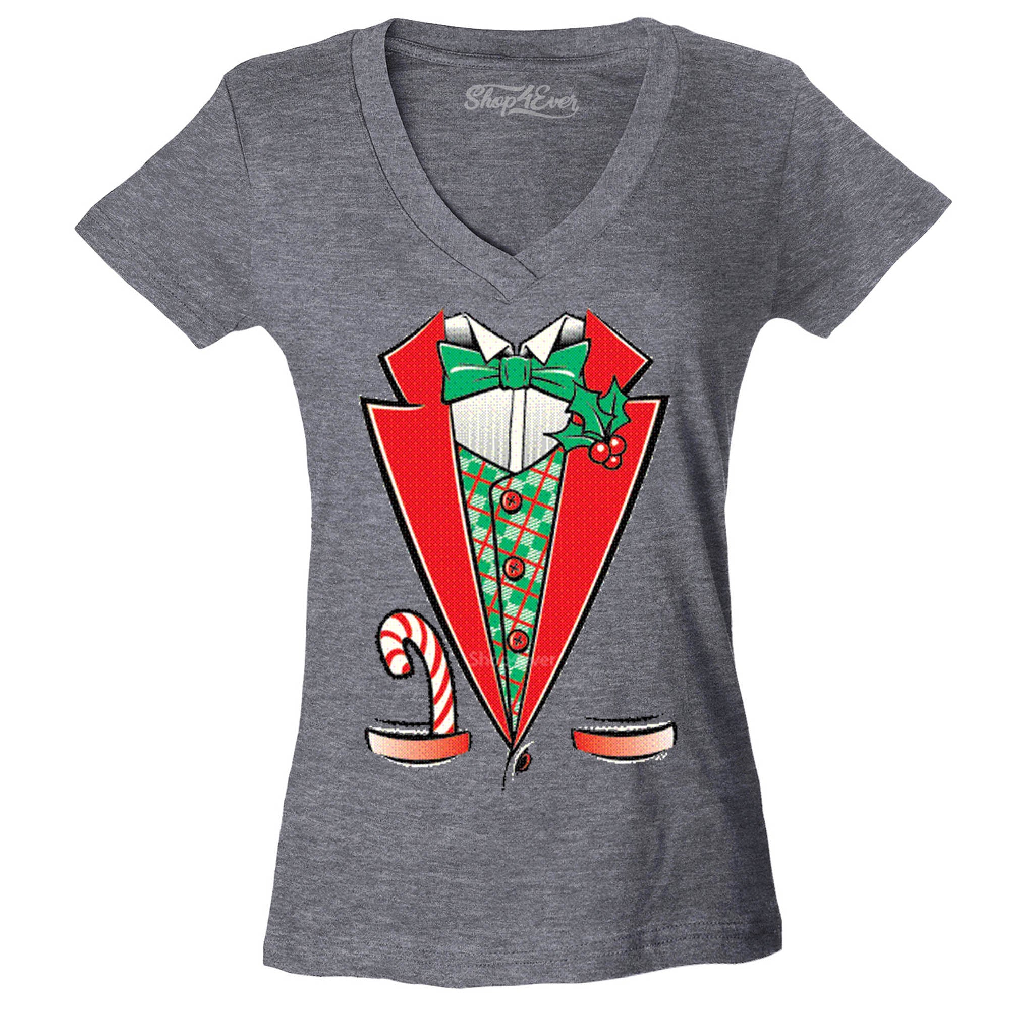 Tuxedo Christmas Costume Women's V-Neck T-Shirt Xmas Shirts Slim FIT