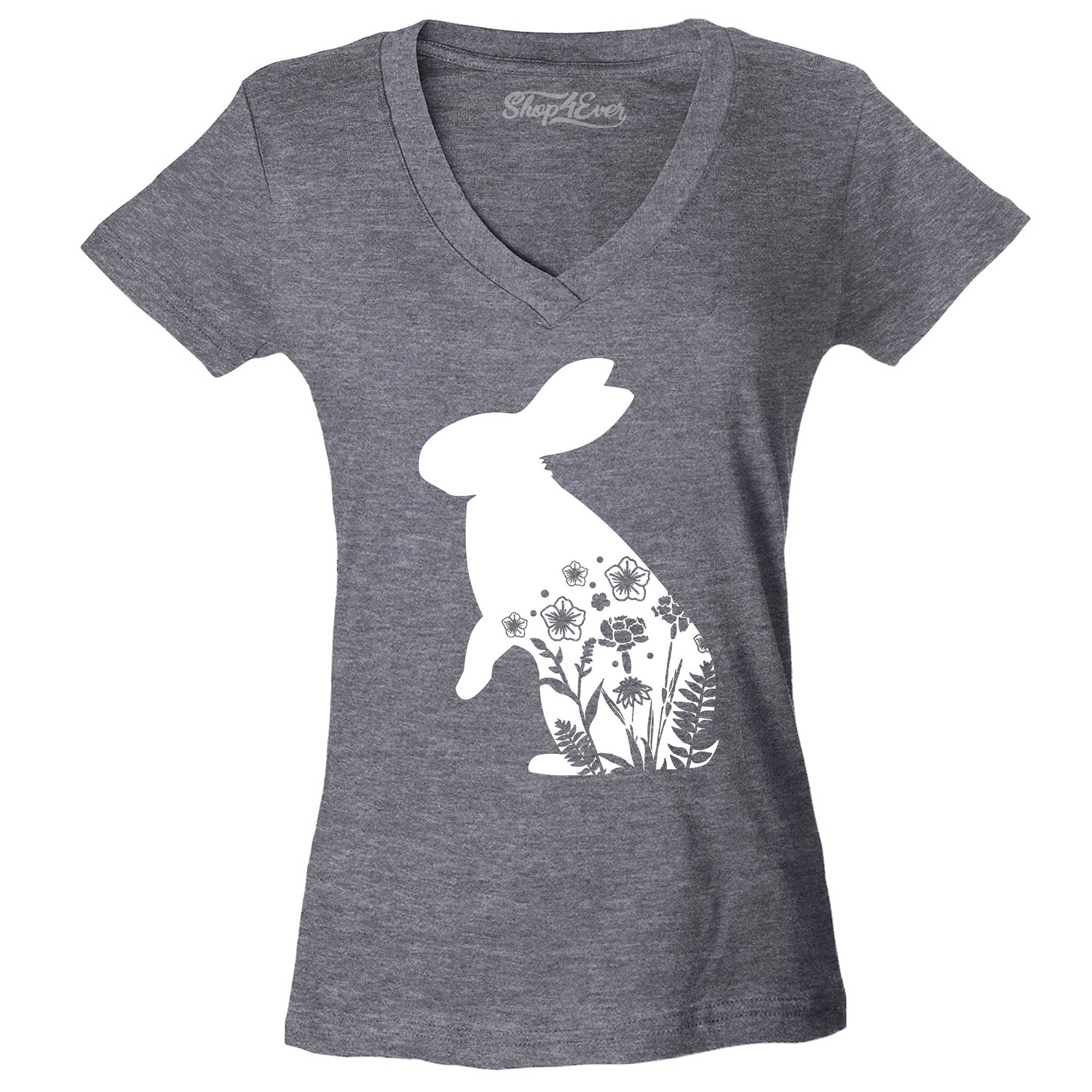 Floral Easter Bunny Rabbit with Spring Flowers Women's V-Neck T-Shirt Slim Fit