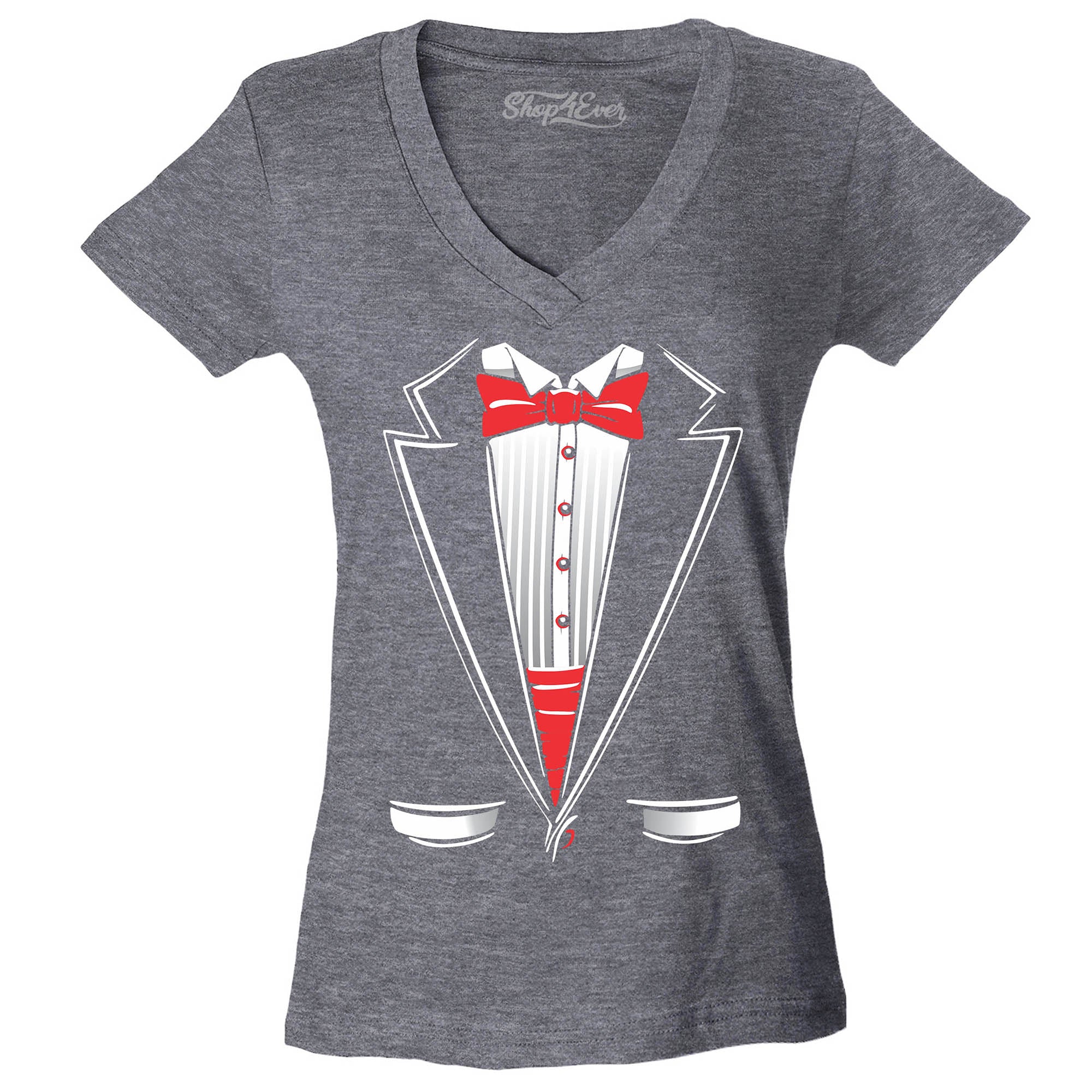 Classic Tuxedo Women's V-Neck T-Shirt Party Costume Shirts Slim FIT