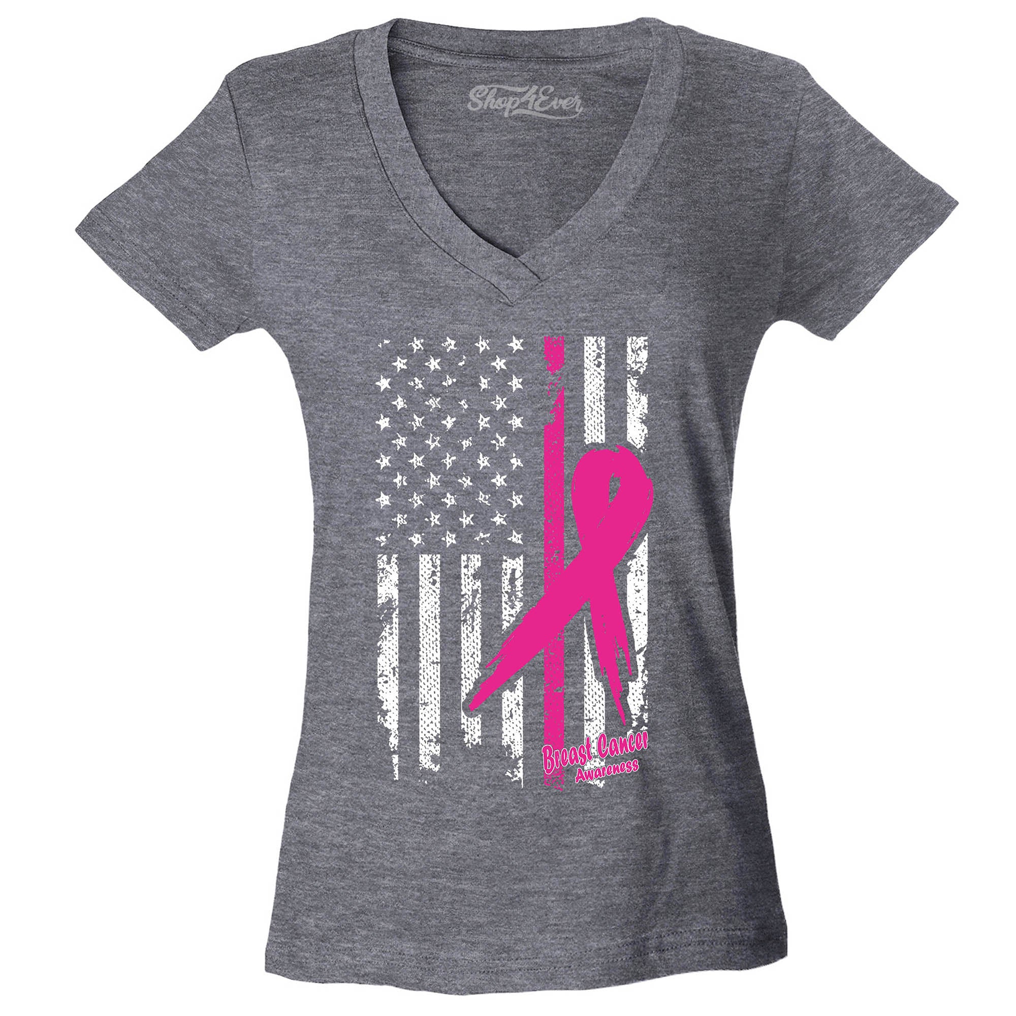 Pink Breast Cancer Ribbon American Flag Women's V-Neck T-Shirt Slim FIT