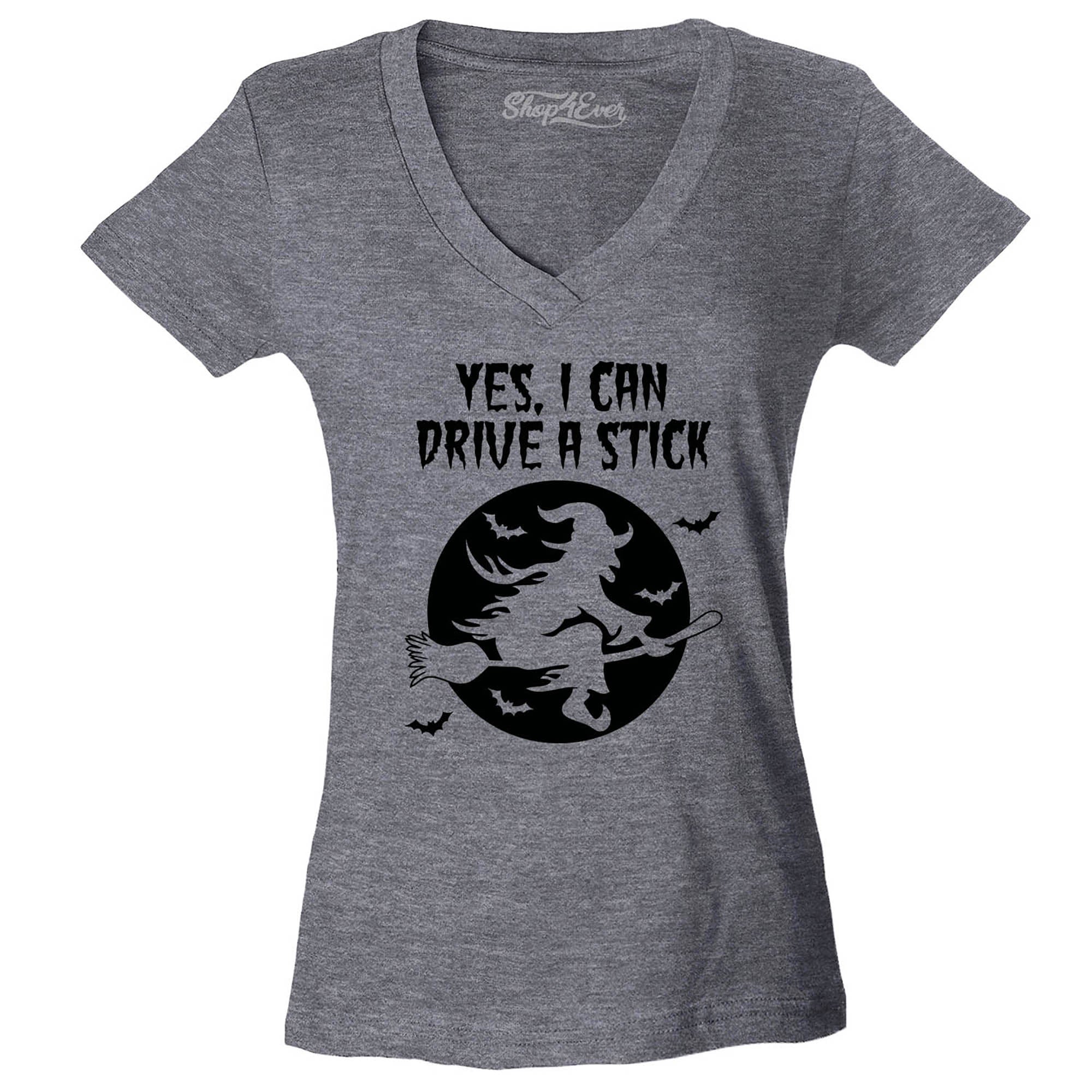 Yes, I Can Drive A Stick Witch Women's V-Neck T-Shirt Slim Fit