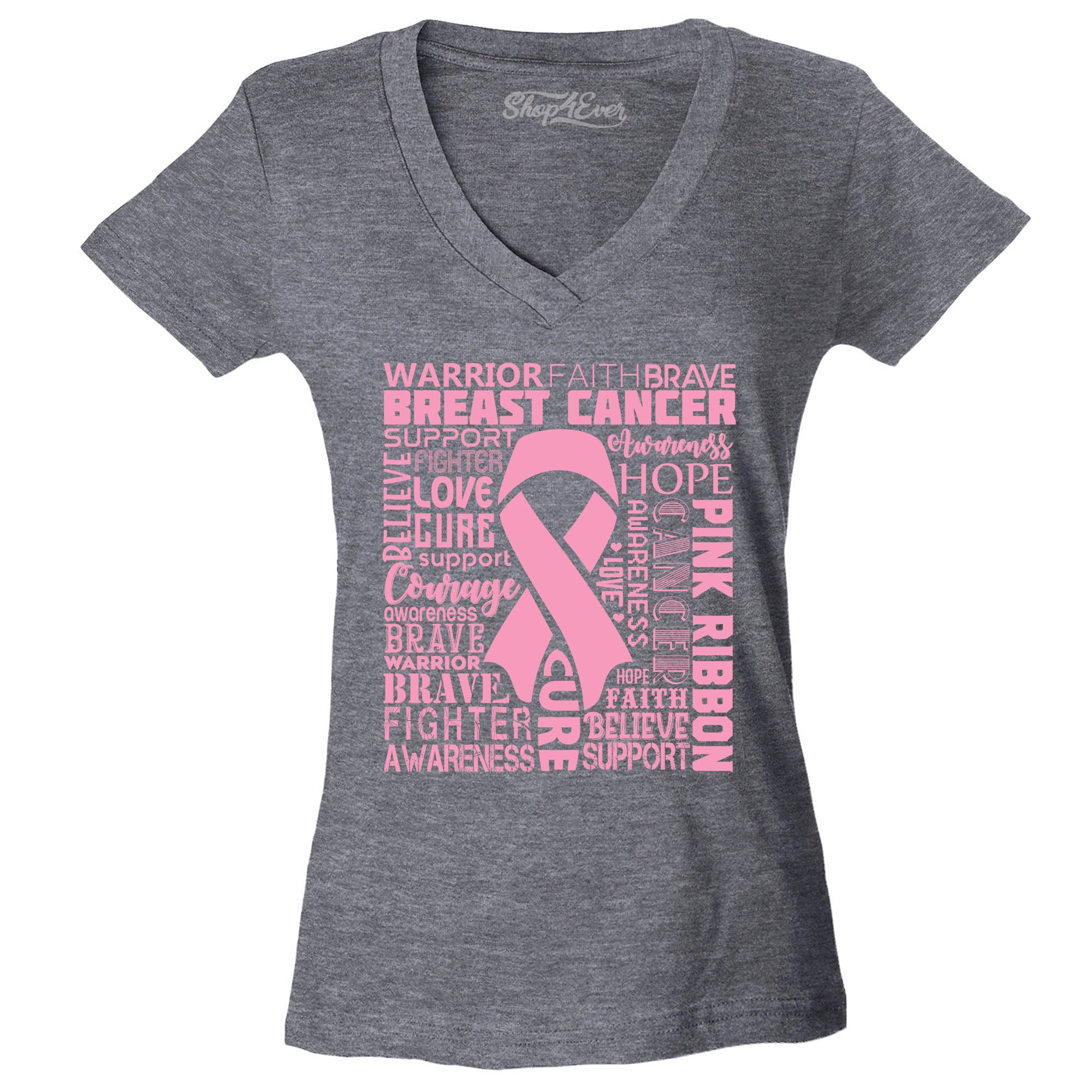 Breast Cancer Awareness Pink Ribbon Word Cloud Women's V-Neck T-Shirt Slim Fit