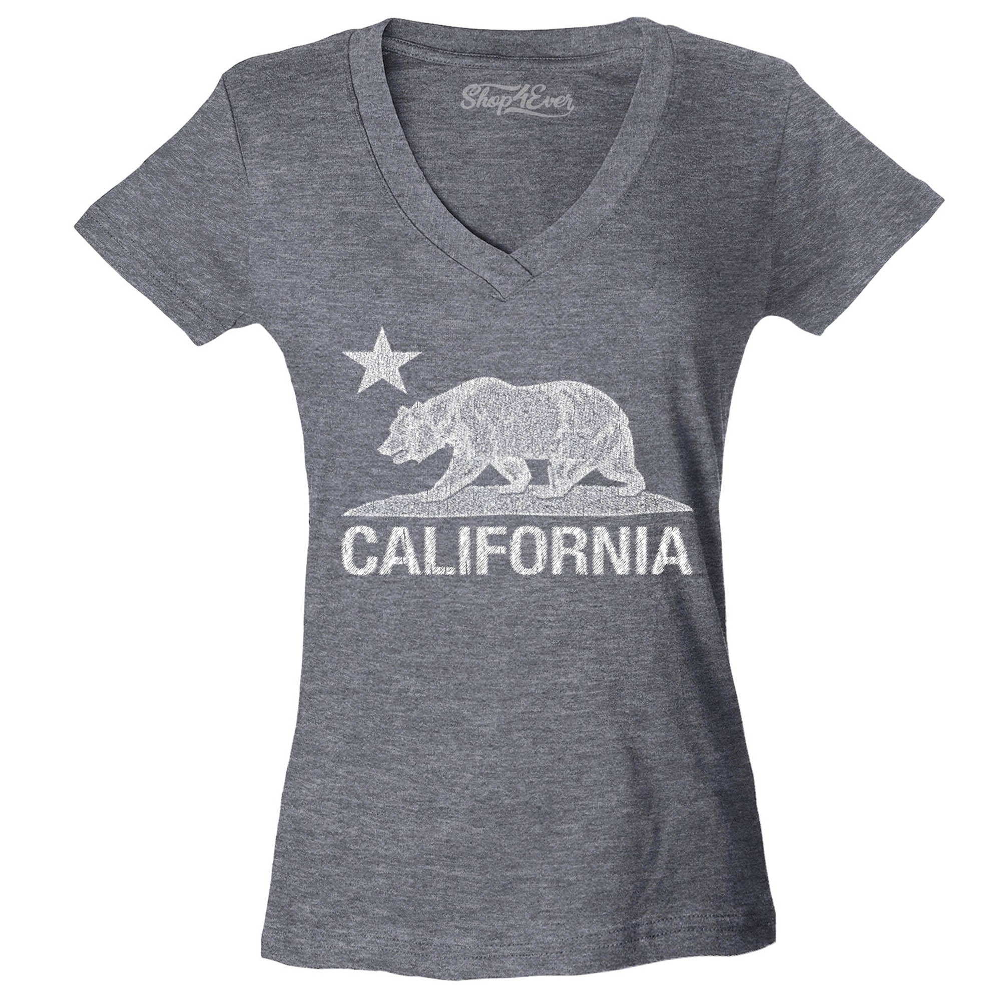 California Distressed White Bear Women's V-Neck T-Shirt Cali Shirts Slim FIT