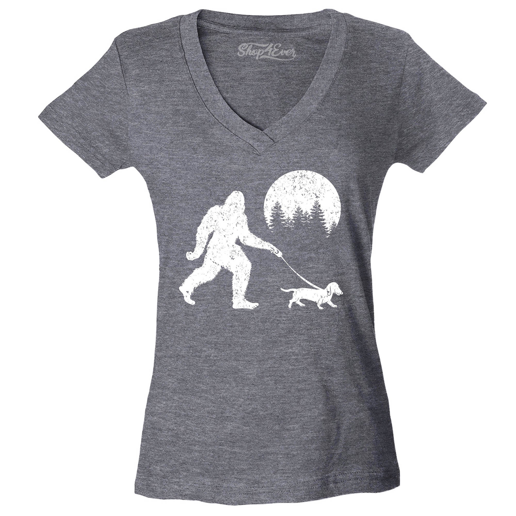 Bigfoot Walking Wiener Dog Funny Sasquatch Dachshund Women's V-Neck T-Shirt Slim Fit