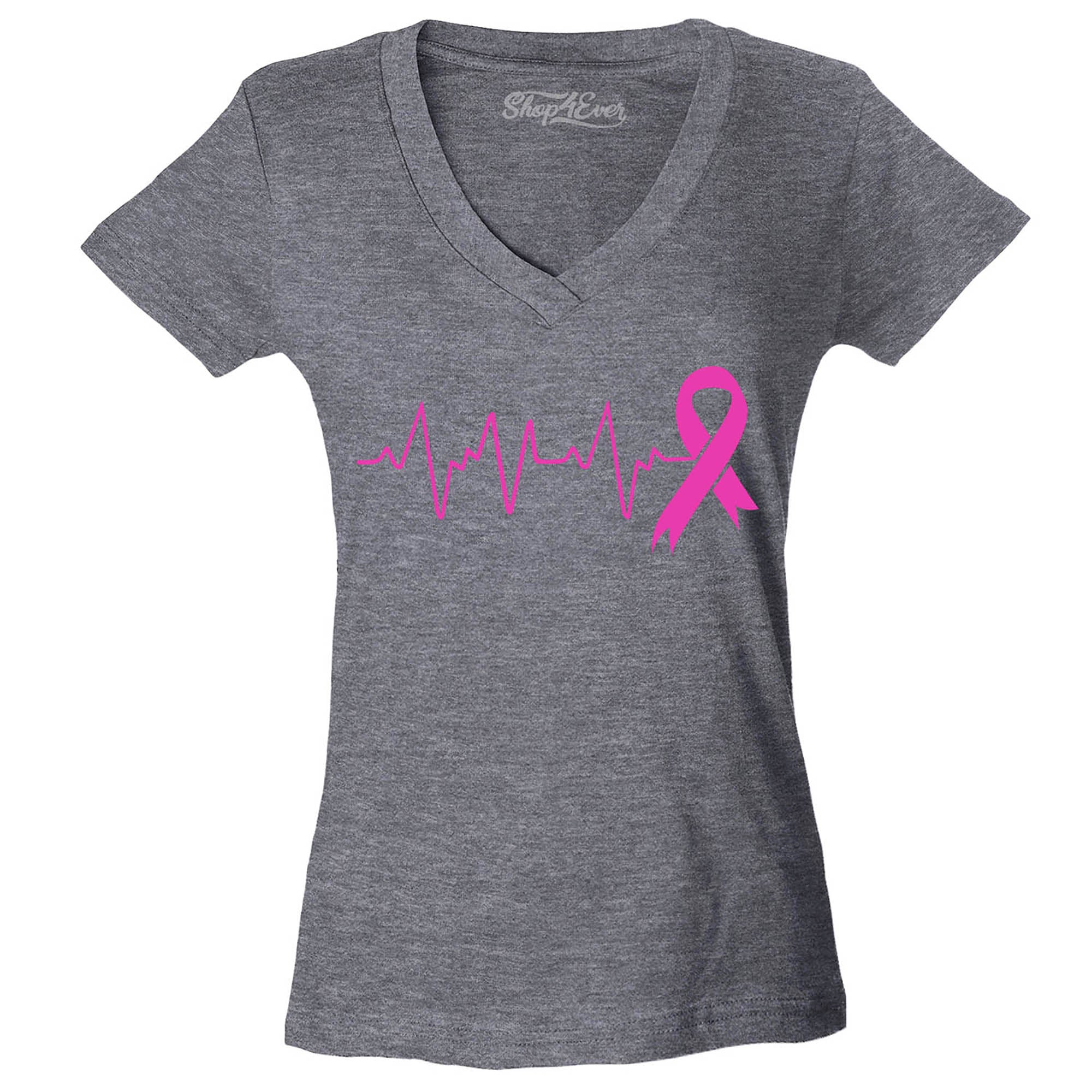 Heartbeat Pink Ribbon Breast Cancer Awareness Women's V-Neck T-Shirt Slim Fit
