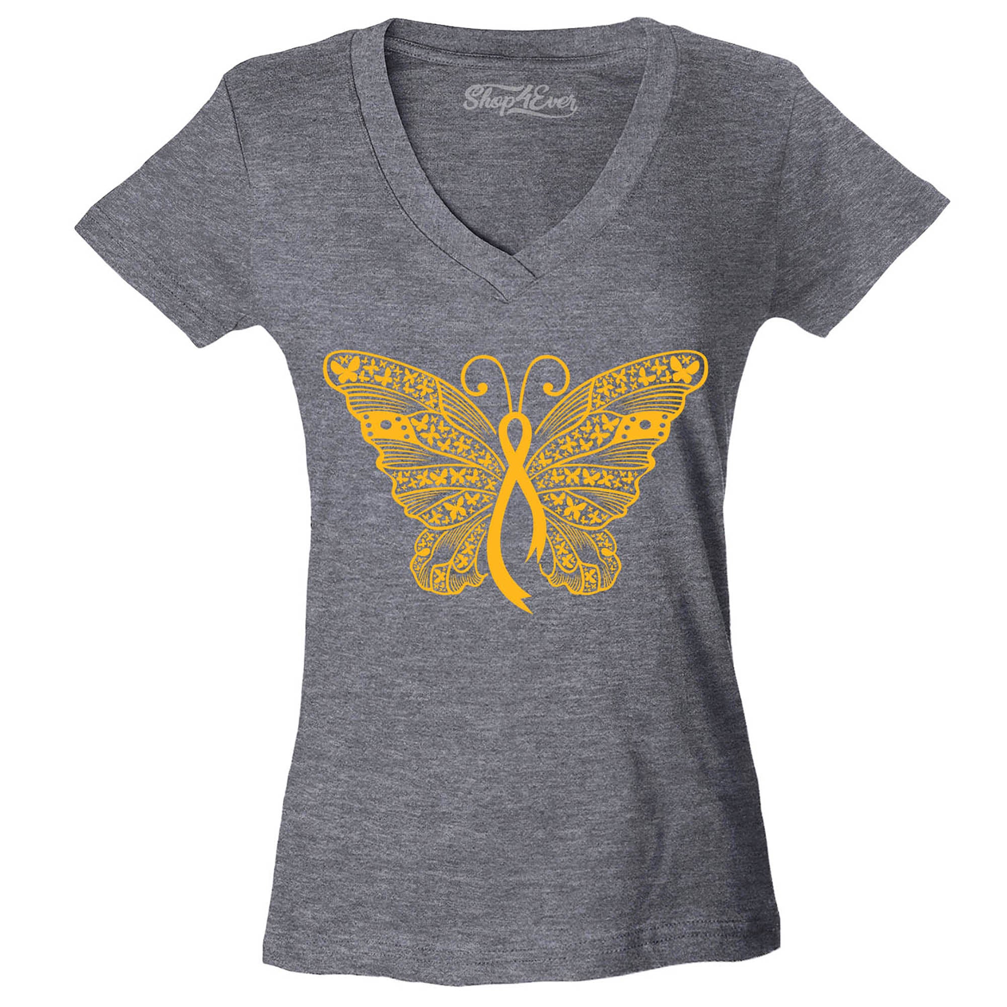 Gold Ribbon Butterfly Childhood Cancer Awareness Women's V-Neck T-Shirt Slim Fit