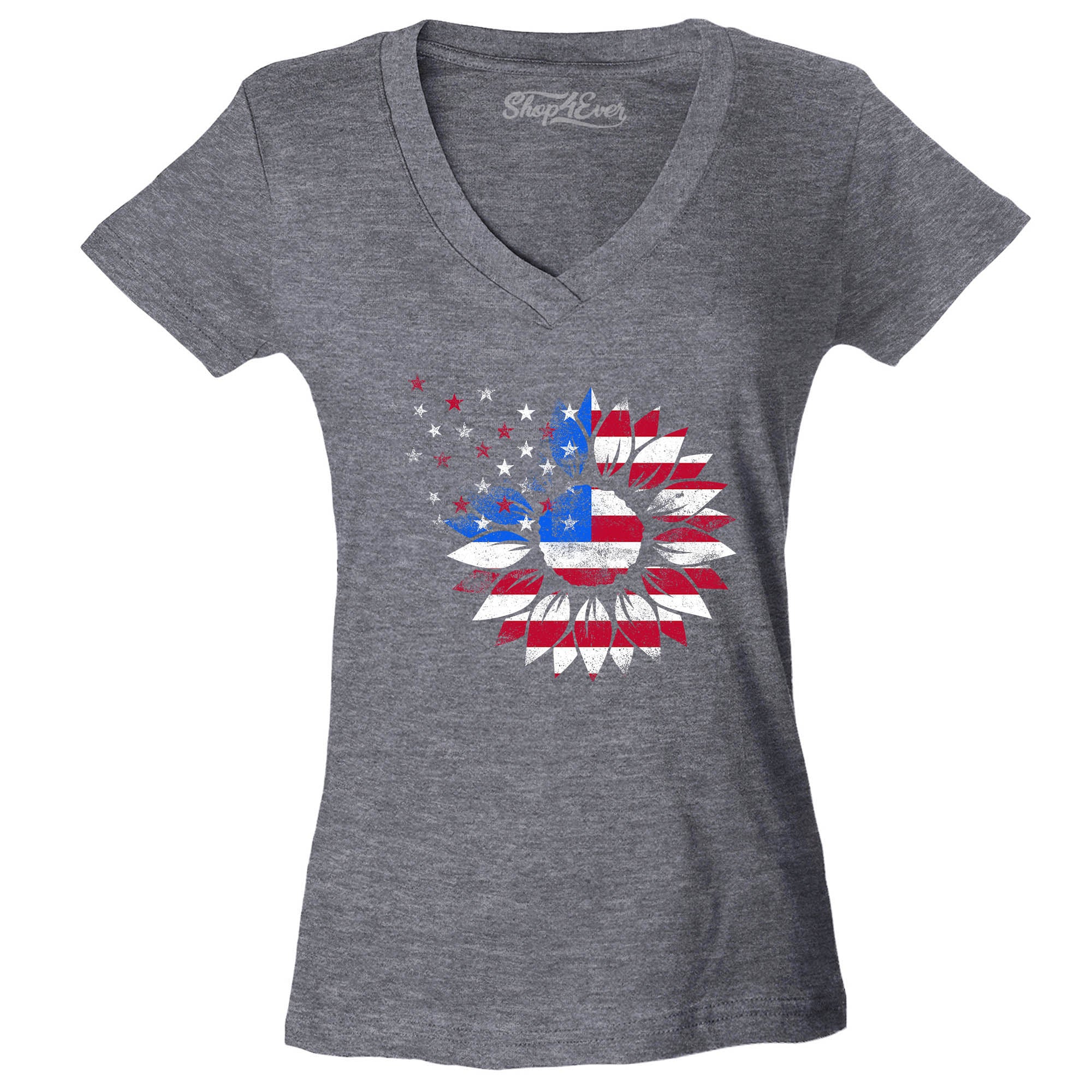 American Flag Sunflower Flower Star 4th of July Women's V-Neck T-Shirt Slim Fit