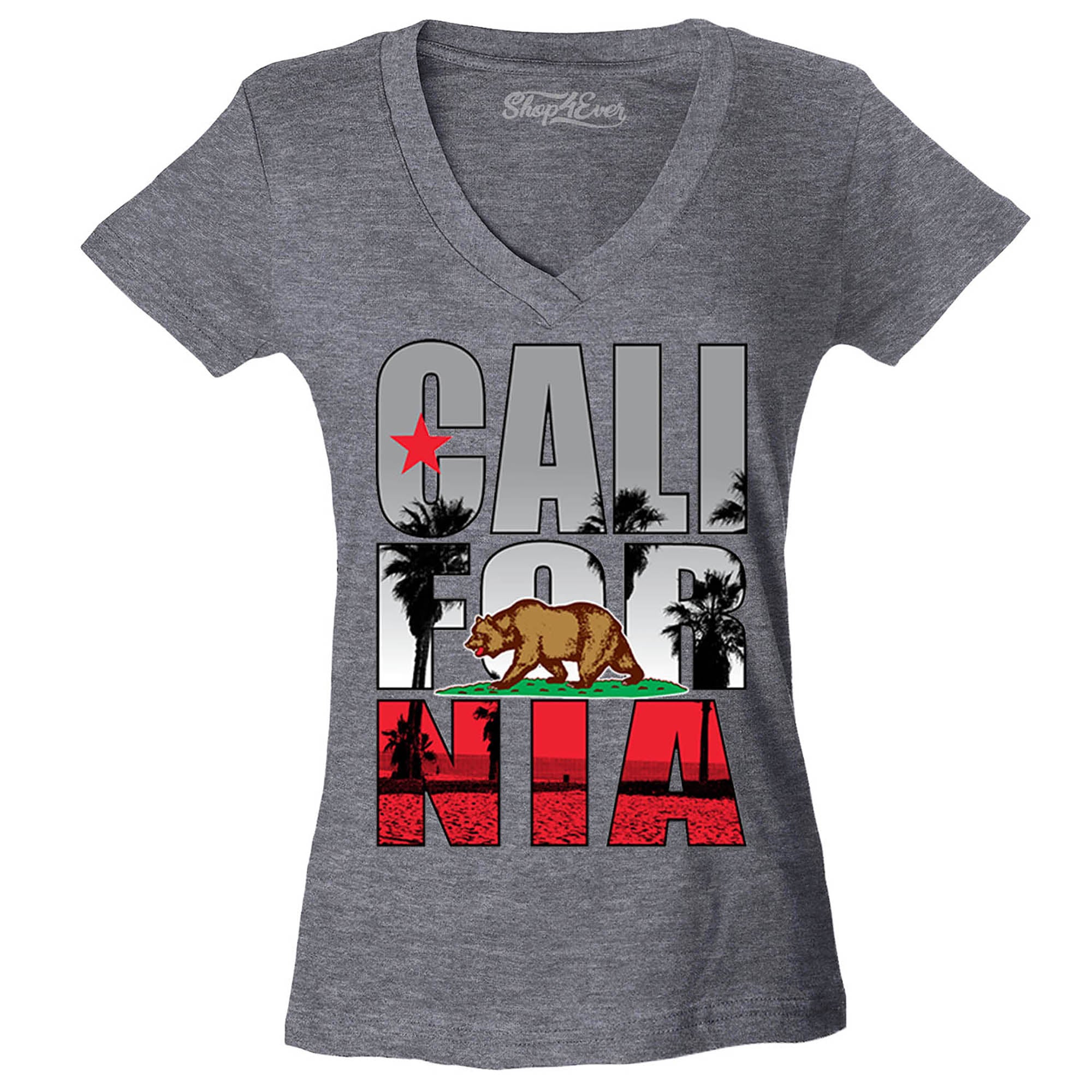 California Beach Palm Tree Women's V-Neck T-Shirt Flag Shirts Slim FIT