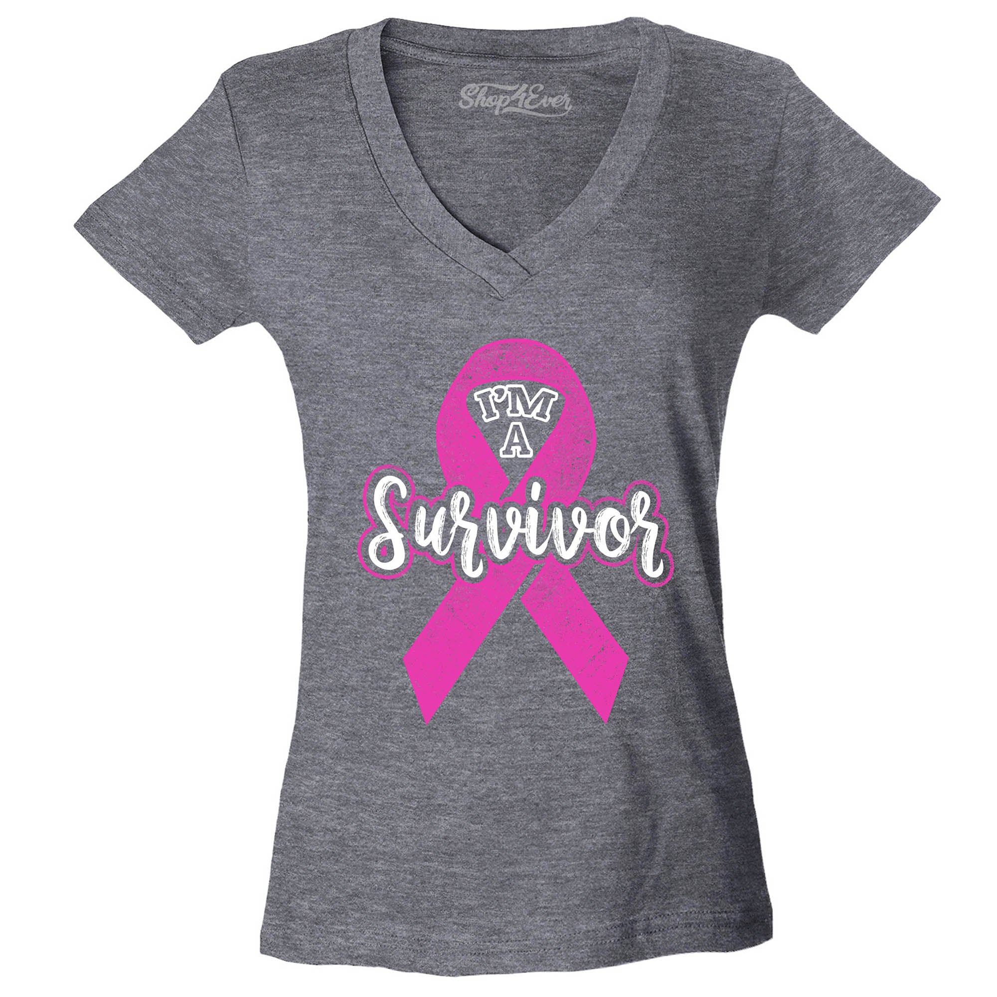 I'm A Survivor Breast Cancer Awareness Women's V-Neck T-Shirt Pink Ribbon Shirts Slim Fit