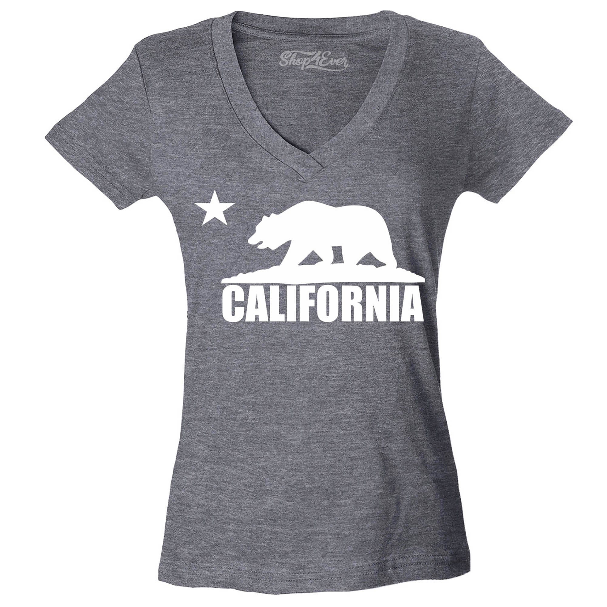 California Bear White Women's V-Neck T-Shirt Flag Shirts Slim FIT