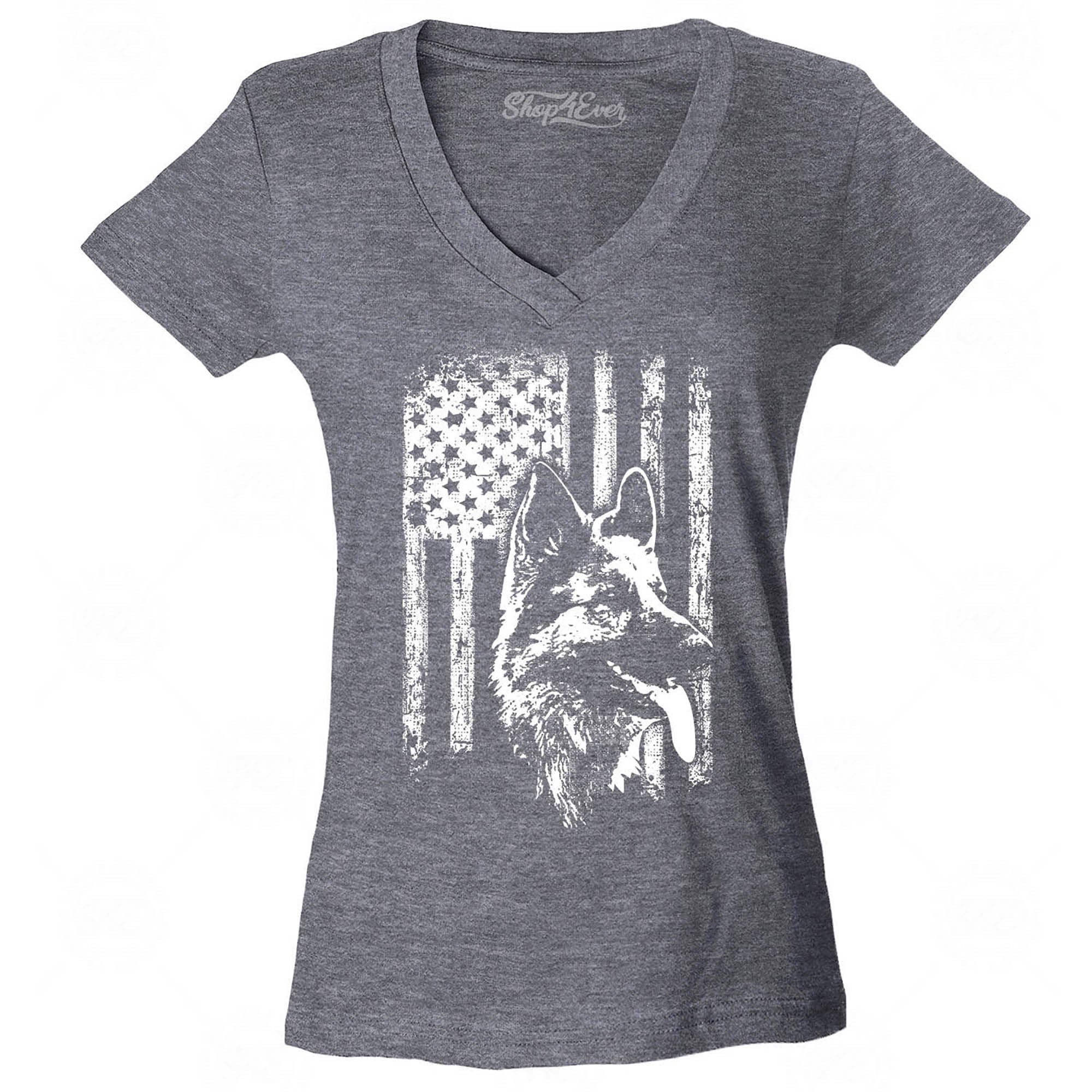 German Shepherd American Flag Women's V-Neck T-Shirt Slim Fit