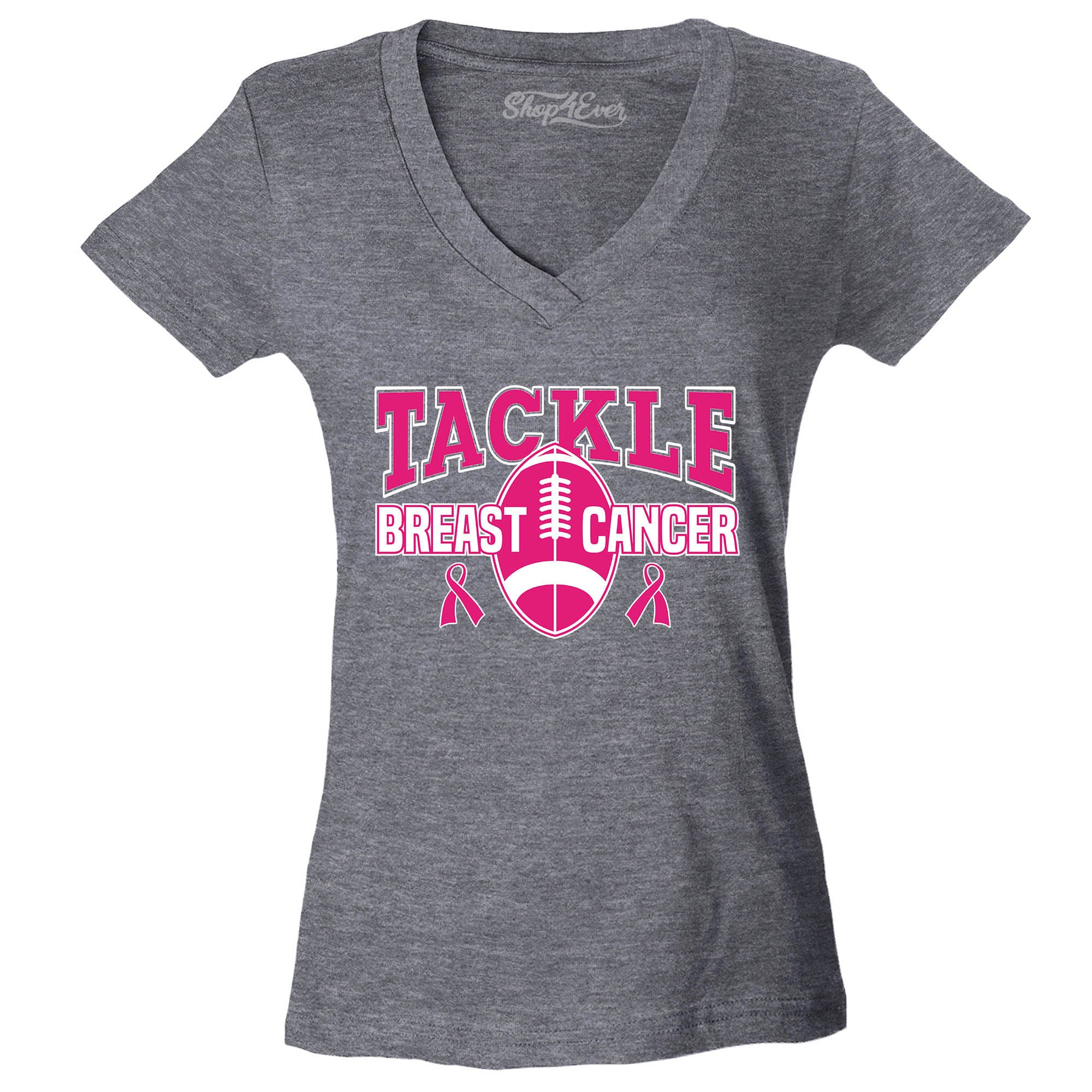 Tackle Breast Cancer Awareness Women's V-Neck T-Shirt Football Pink Ribbon Shirts Slim Fit