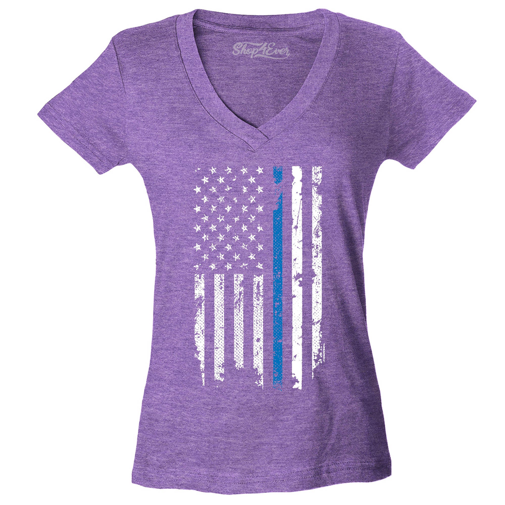 Police Officer American Flag Blue Line USA Women's V-Neck T-Shirt Law Enforcement Shirts Slim FIT