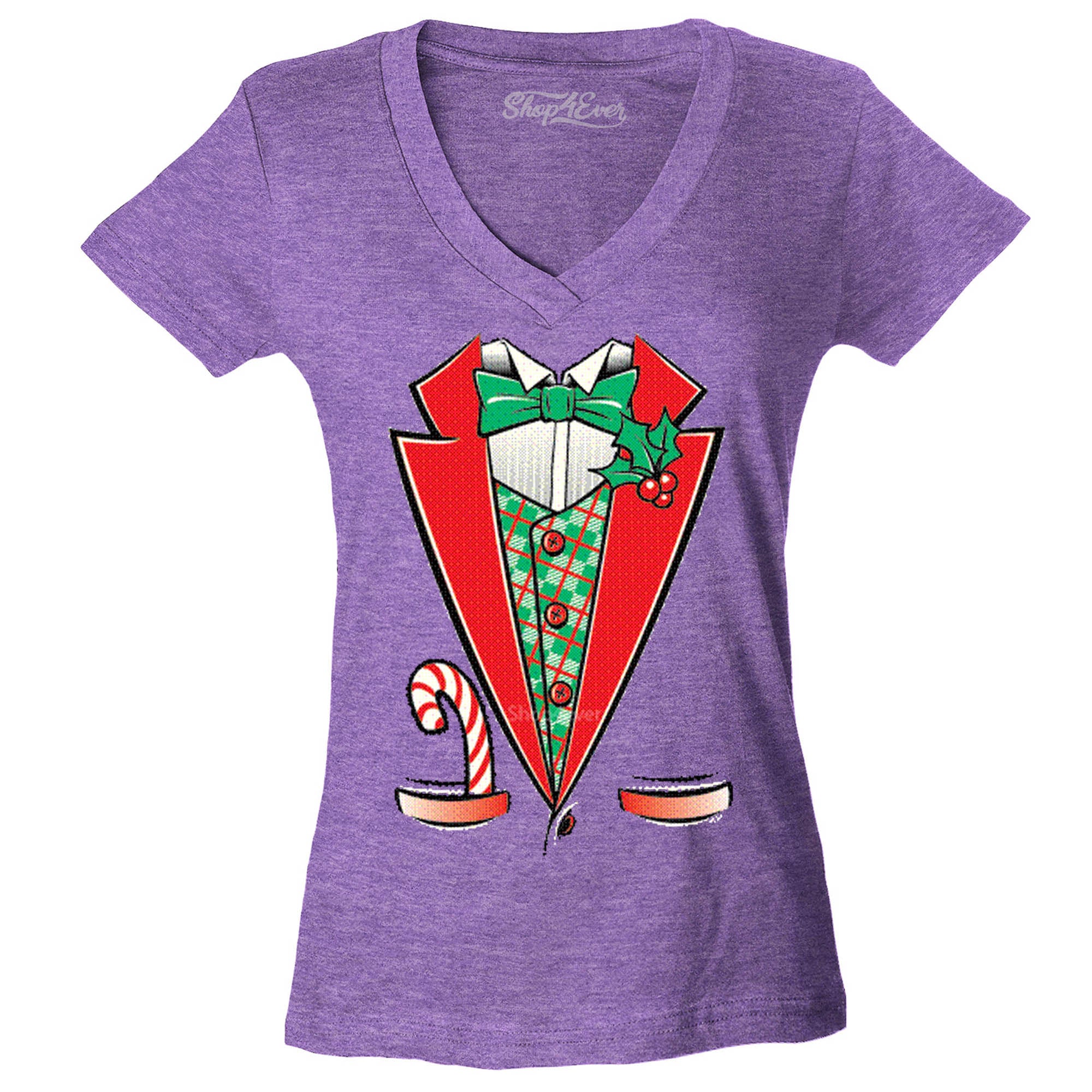 Tuxedo Christmas Costume Women's V-Neck T-Shirt Xmas Shirts Slim FIT