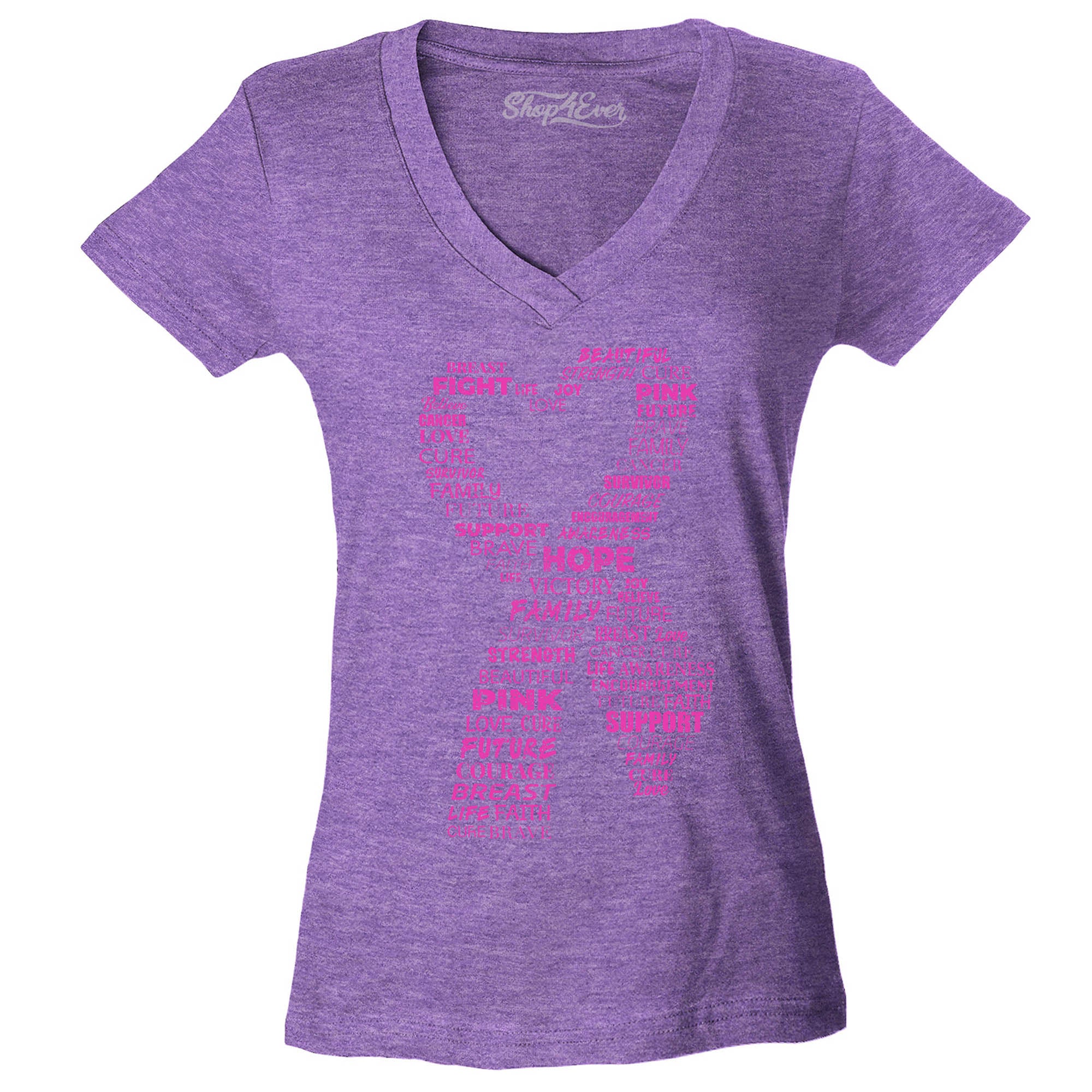 Pink Heart Ribbon Montage Breast Cancer Awareness Word Cloud Women's V-Neck T-Shirt Slim Fit