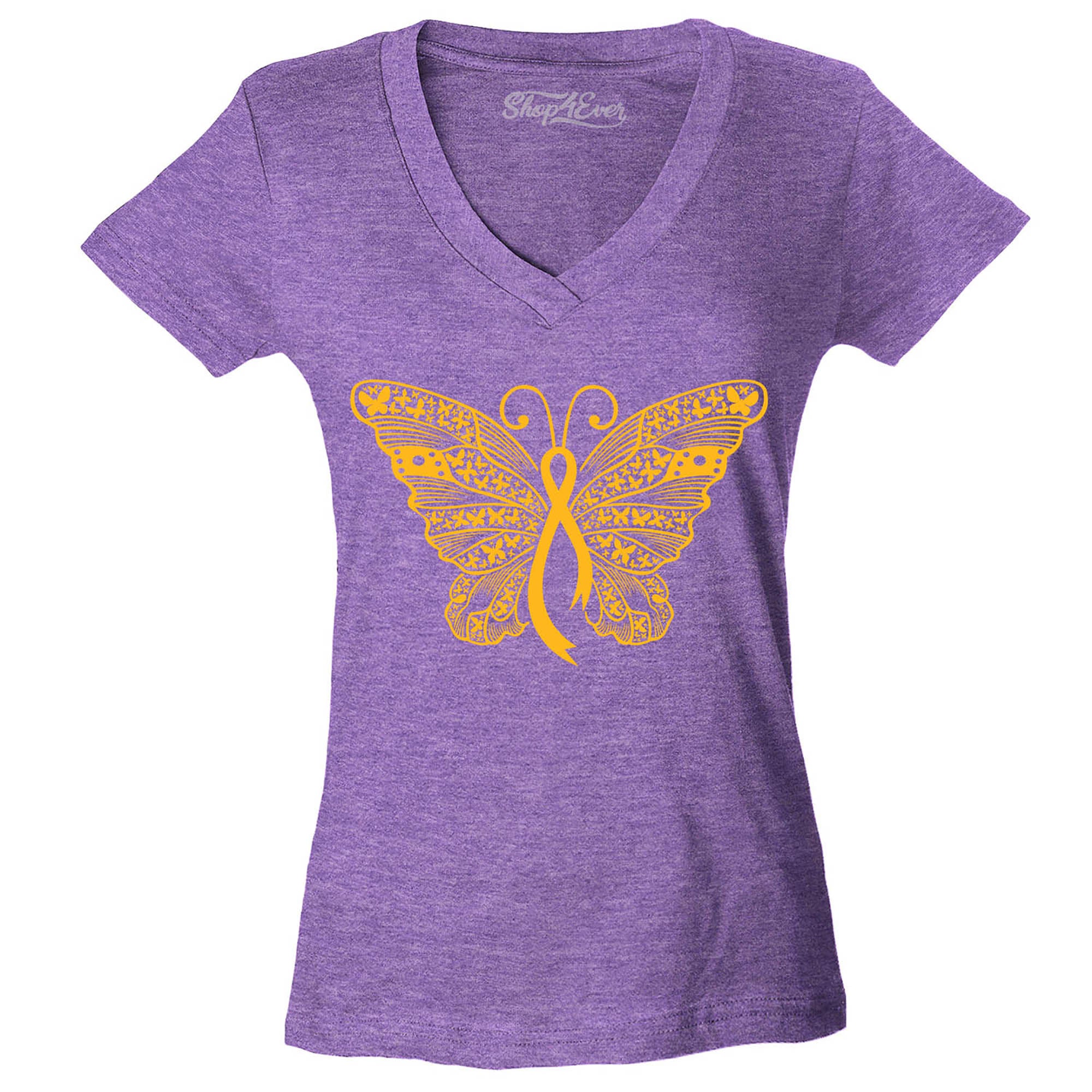 Gold Ribbon Butterfly Childhood Cancer Awareness Women's V-Neck T-Shirt Slim Fit
