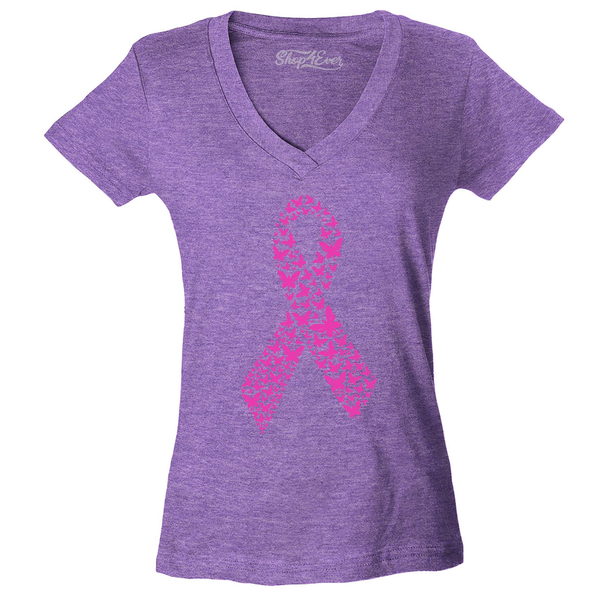 Pink Butterfly Ribbon Breast Cancer Awareness Women's V-Neck T-Shirt Slim Fit