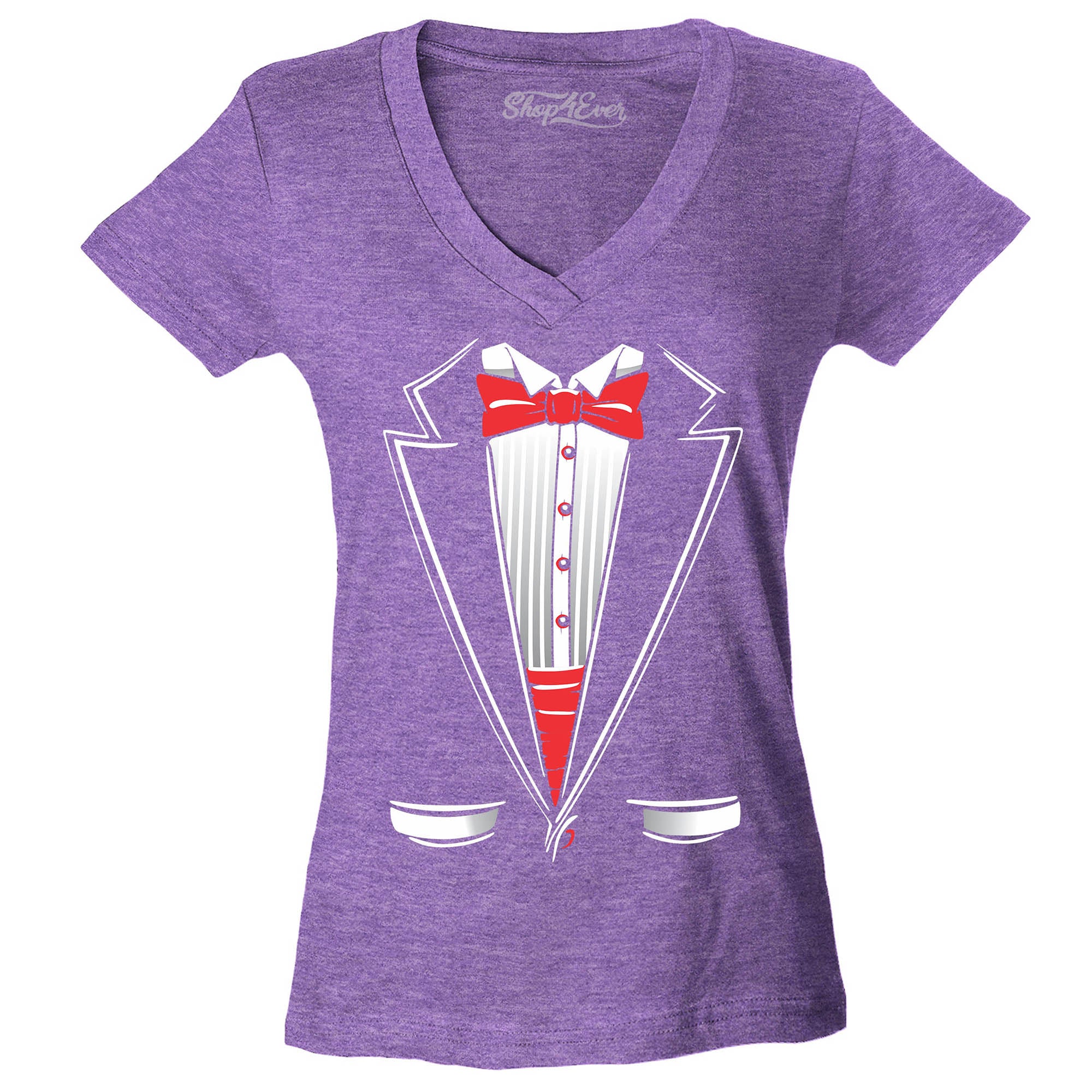 Classic Tuxedo Women's V-Neck T-Shirt Party Costume Shirts Slim FIT