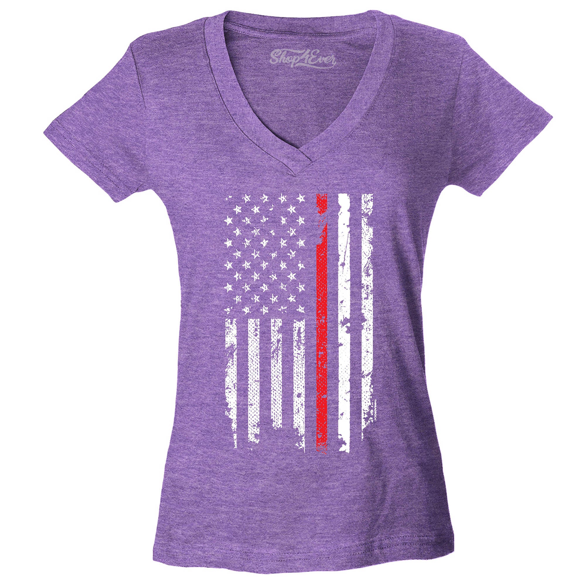 Firefighter American Flag Red Line Stripe USA Women's V-Neck T-Shirt 4th of July Shirts Slim FIT