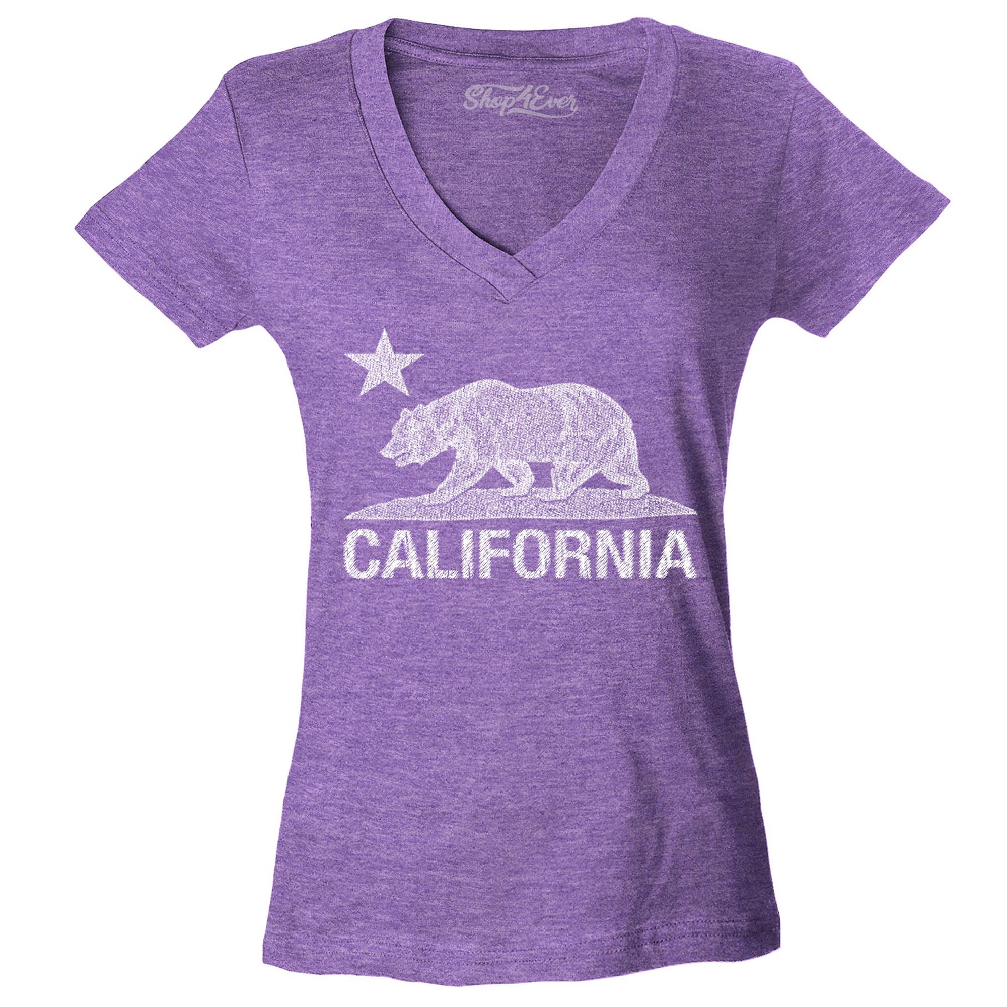 California Distressed White Bear Women's V-Neck T-Shirt Cali Shirts Slim FIT