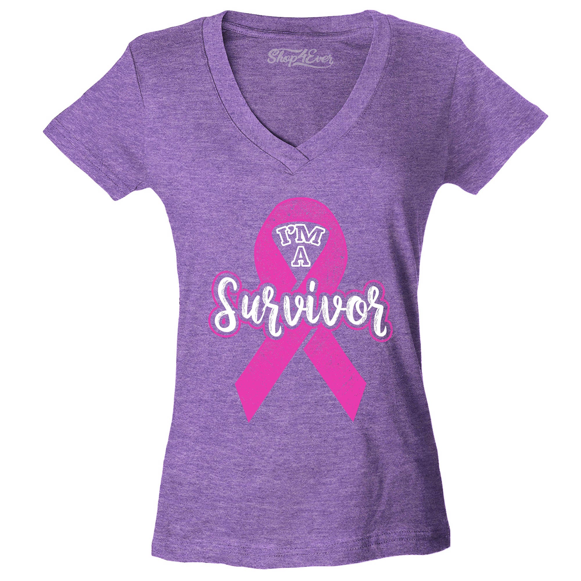 I'm A Survivor Breast Cancer Awareness Women's V-Neck T-Shirt Pink Ribbon Shirts Slim Fit