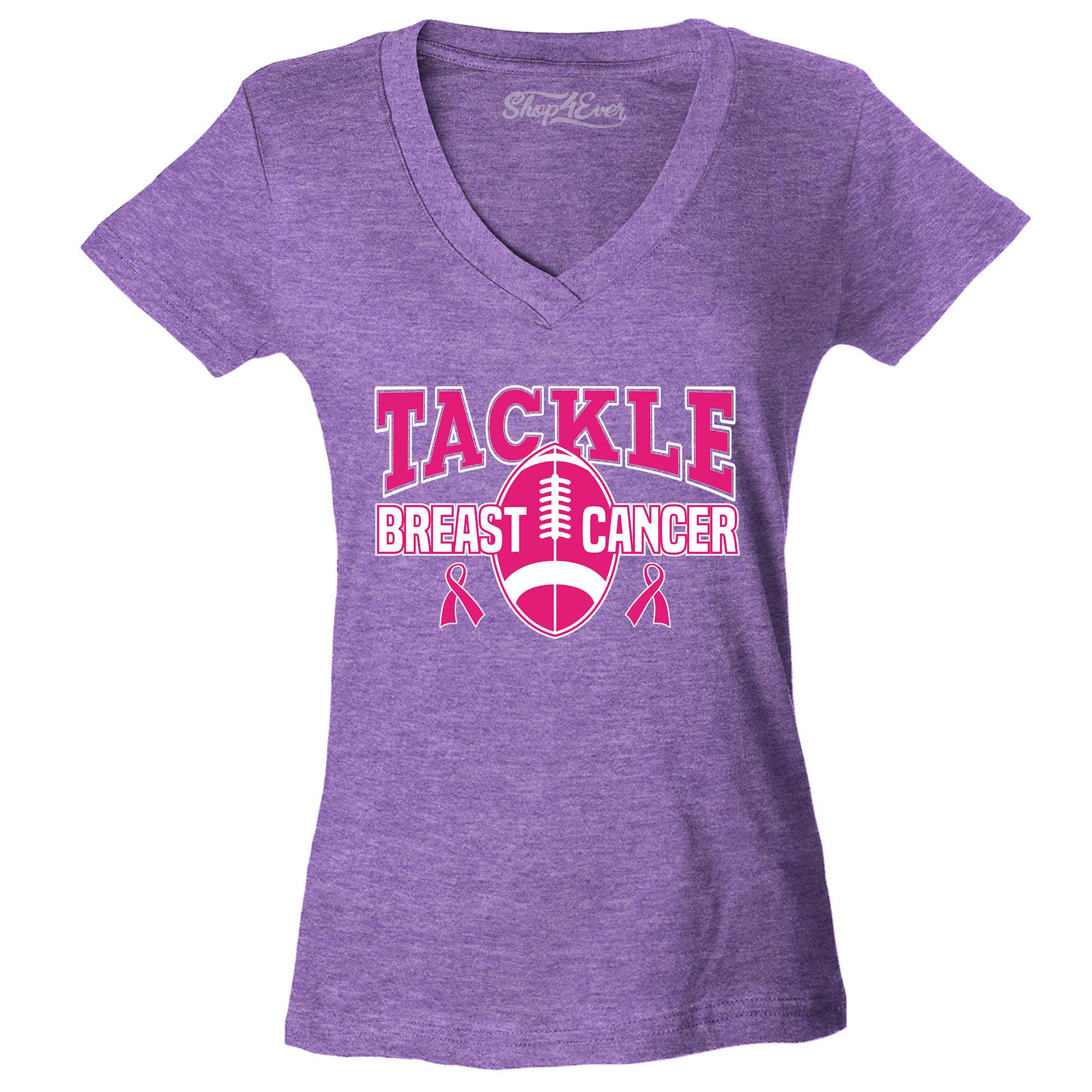 Tackle Breast Cancer Awareness Women's V-Neck T-Shirt Football Pink Ribbon Shirts Slim Fit