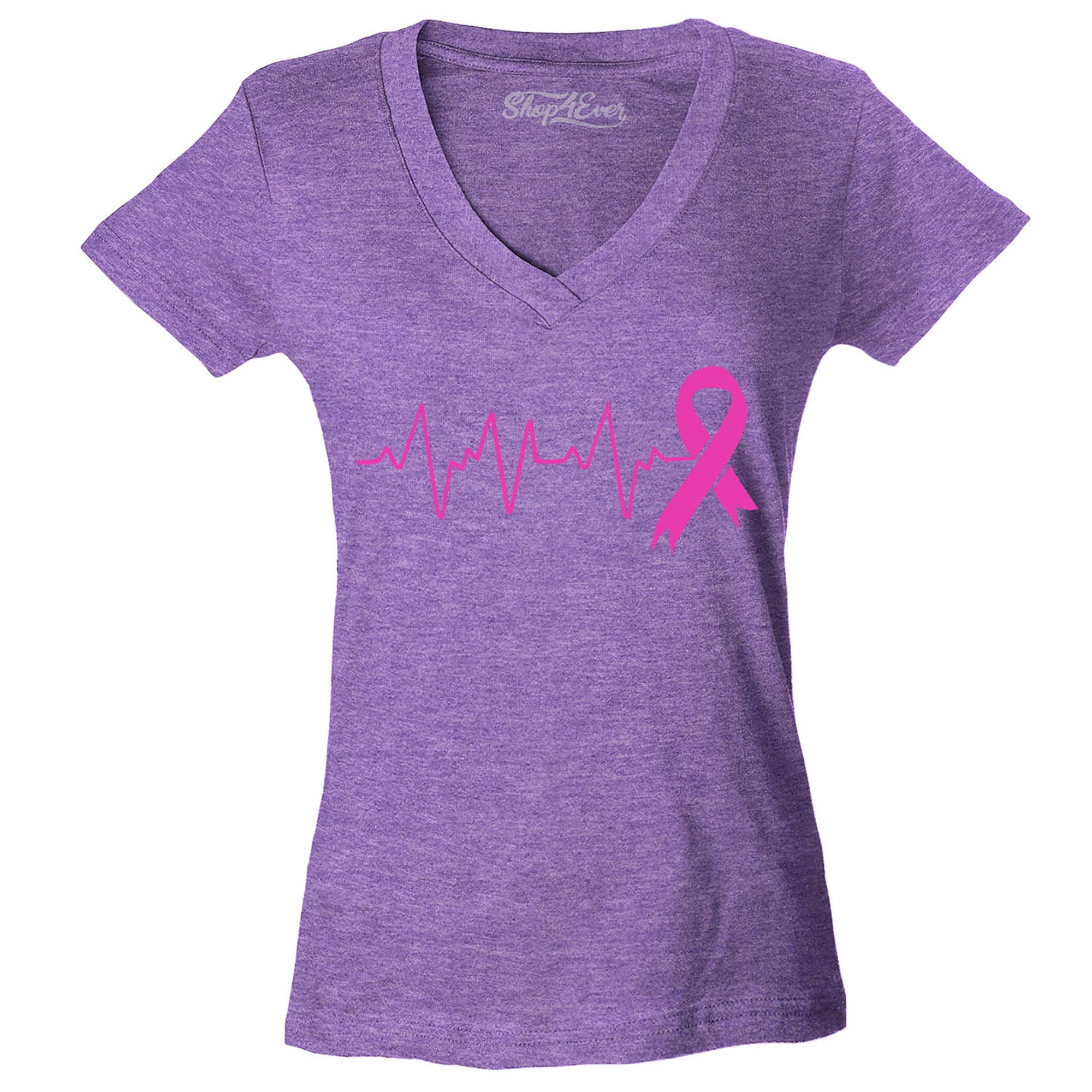 Heartbeat Pink Ribbon Breast Cancer Awareness Women's V-Neck T-Shirt Slim Fit