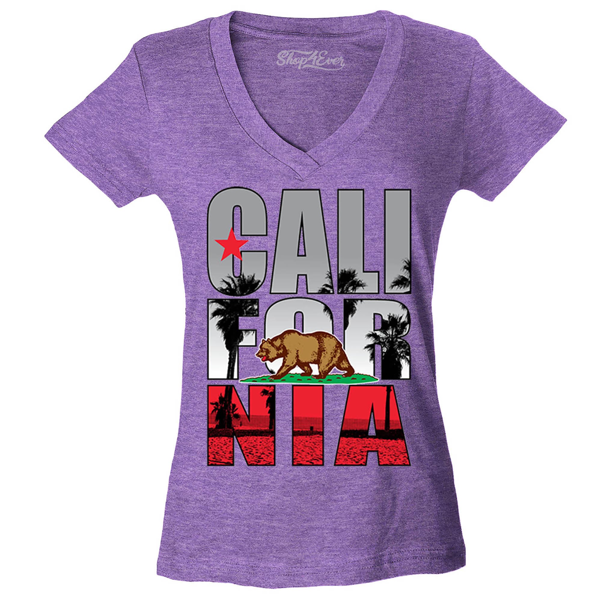 California Beach Palm Tree Women's V-Neck T-Shirt Flag Shirts Slim FIT