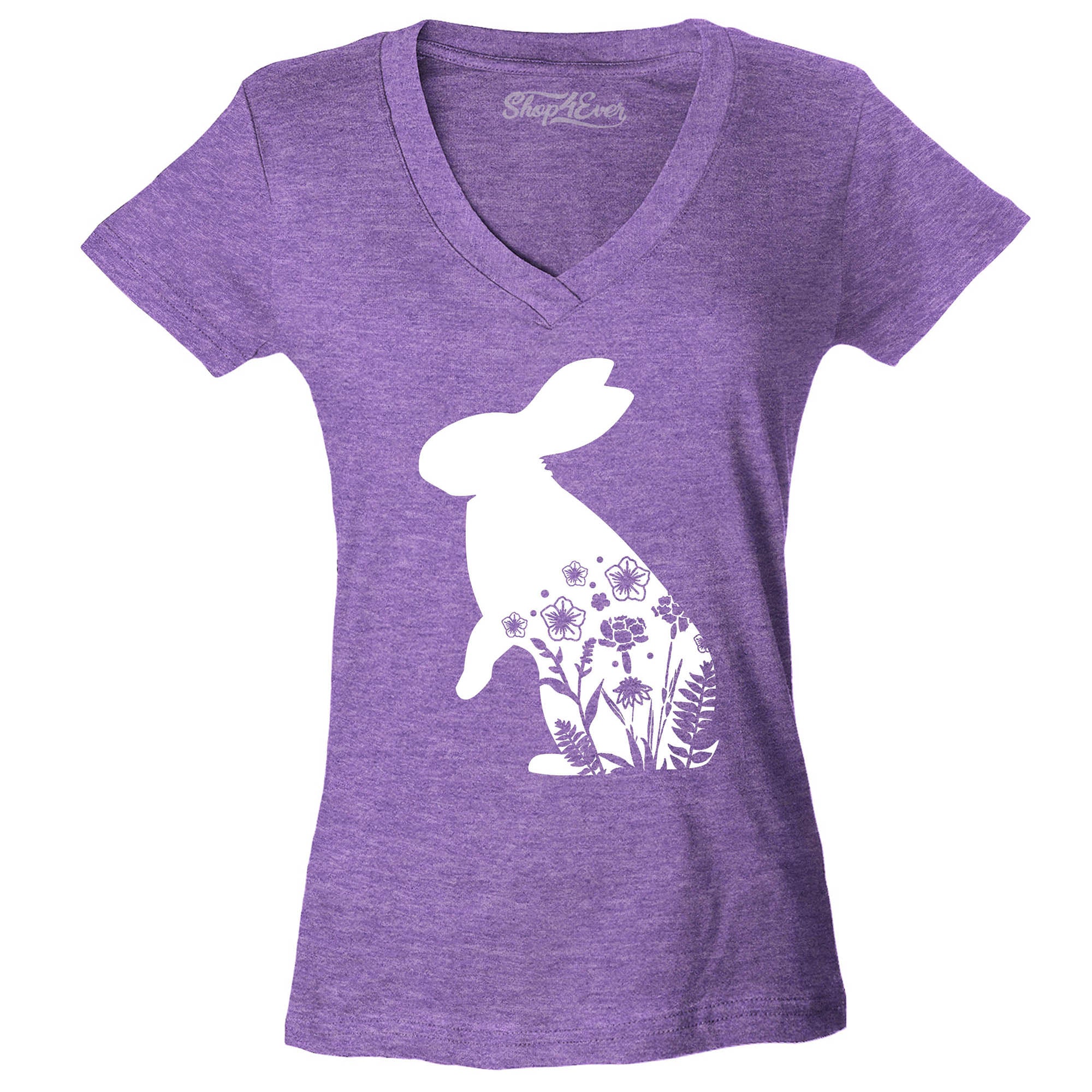 Floral Easter Bunny Rabbit with Spring Flowers Women's V-Neck T-Shirt Slim Fit