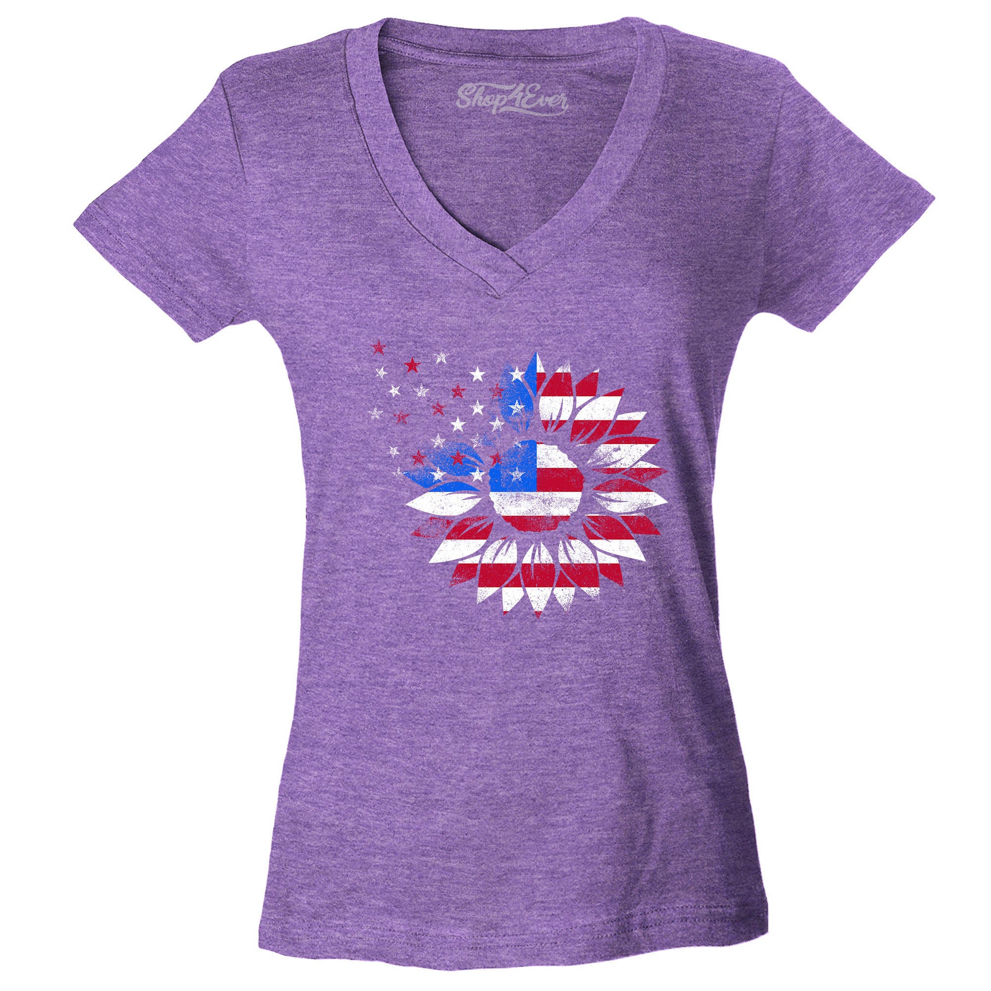 American Flag Sunflower Flower Star 4th of July Women's V-Neck T-Shirt Slim Fit