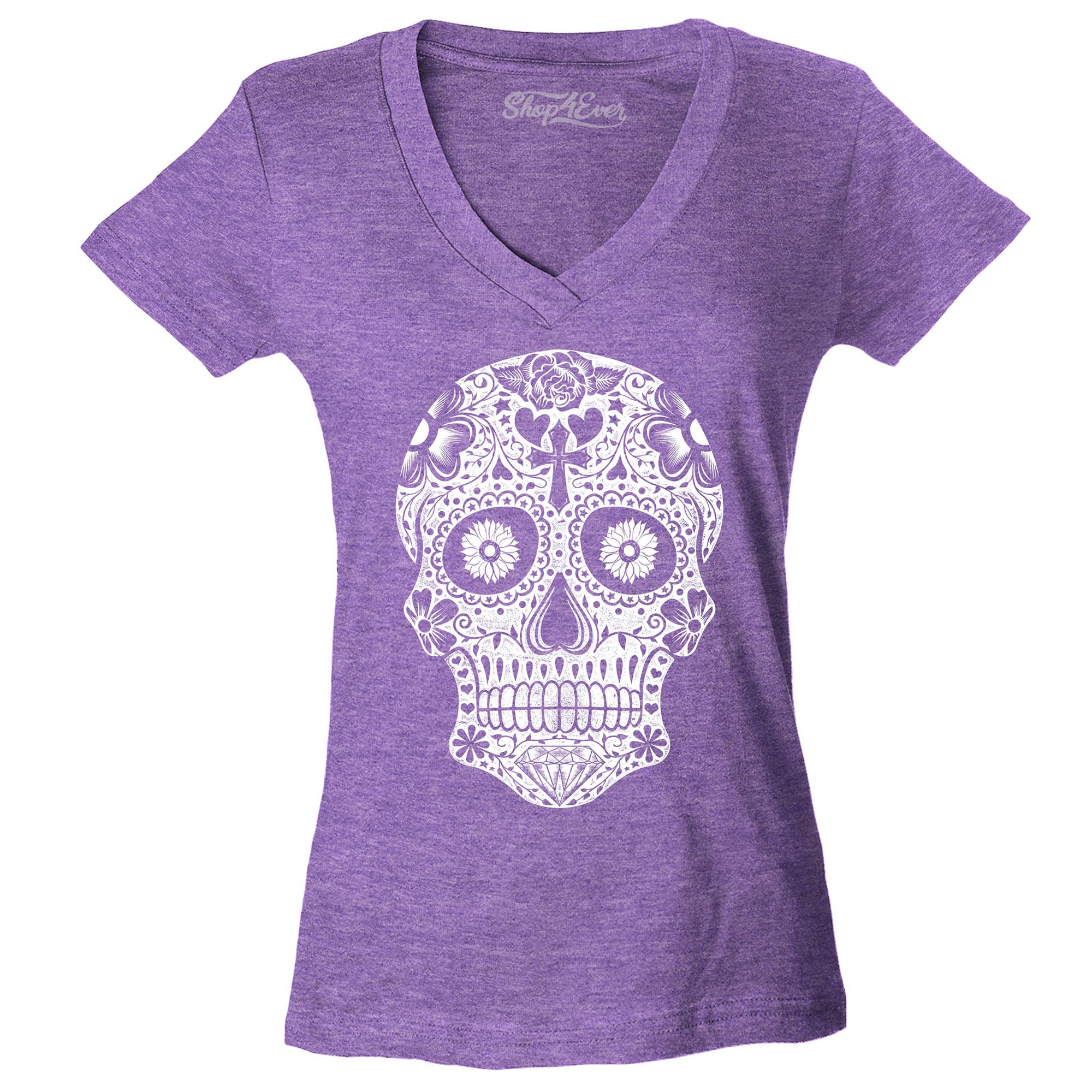 Day of The Dead White Skull Women's V-Neck T-Shirt Slim Fit