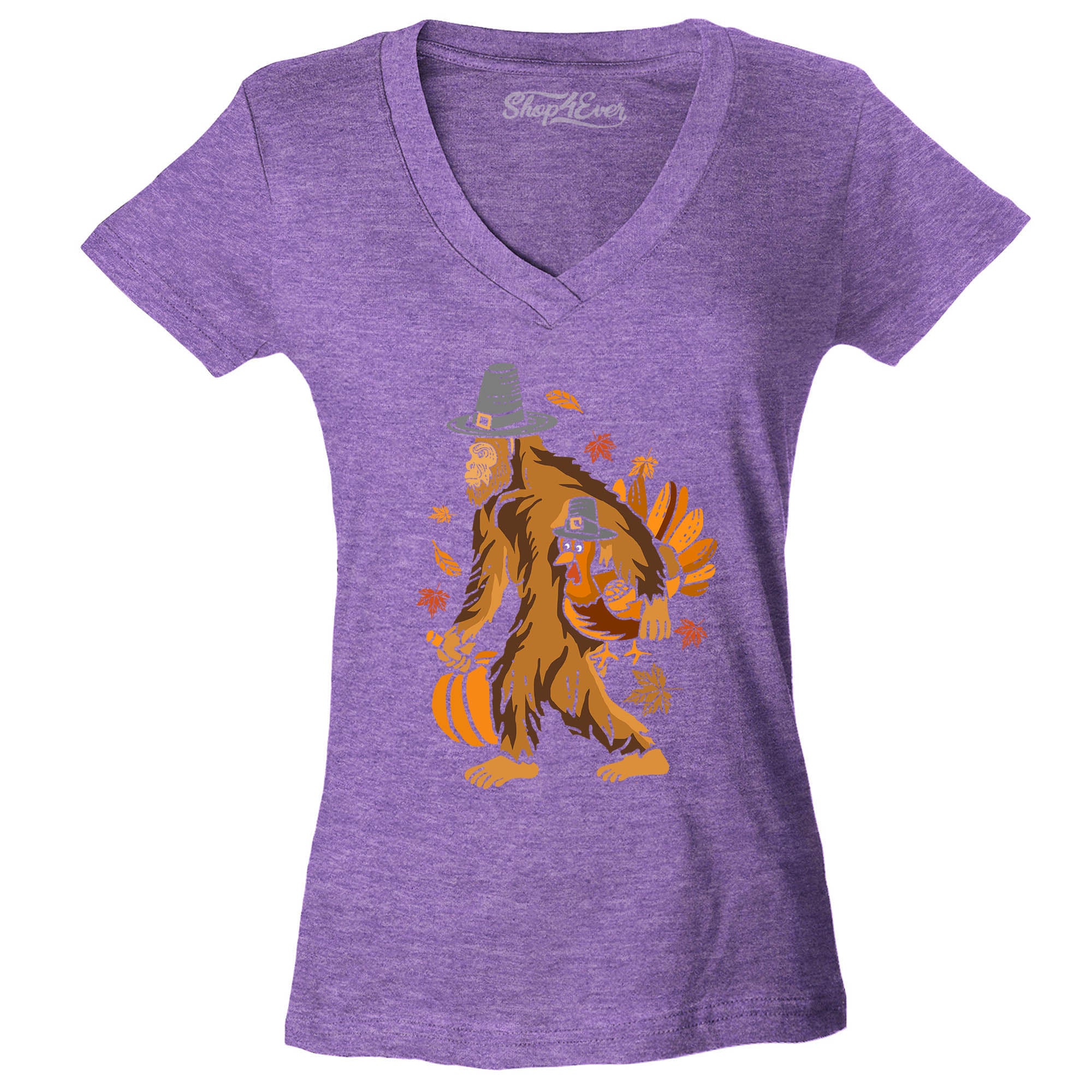 Bigfoot Pilgrim Turkey Pumpkin Thanksgiving Sasquatch Women's V-Neck T-Shirt Slim Fit