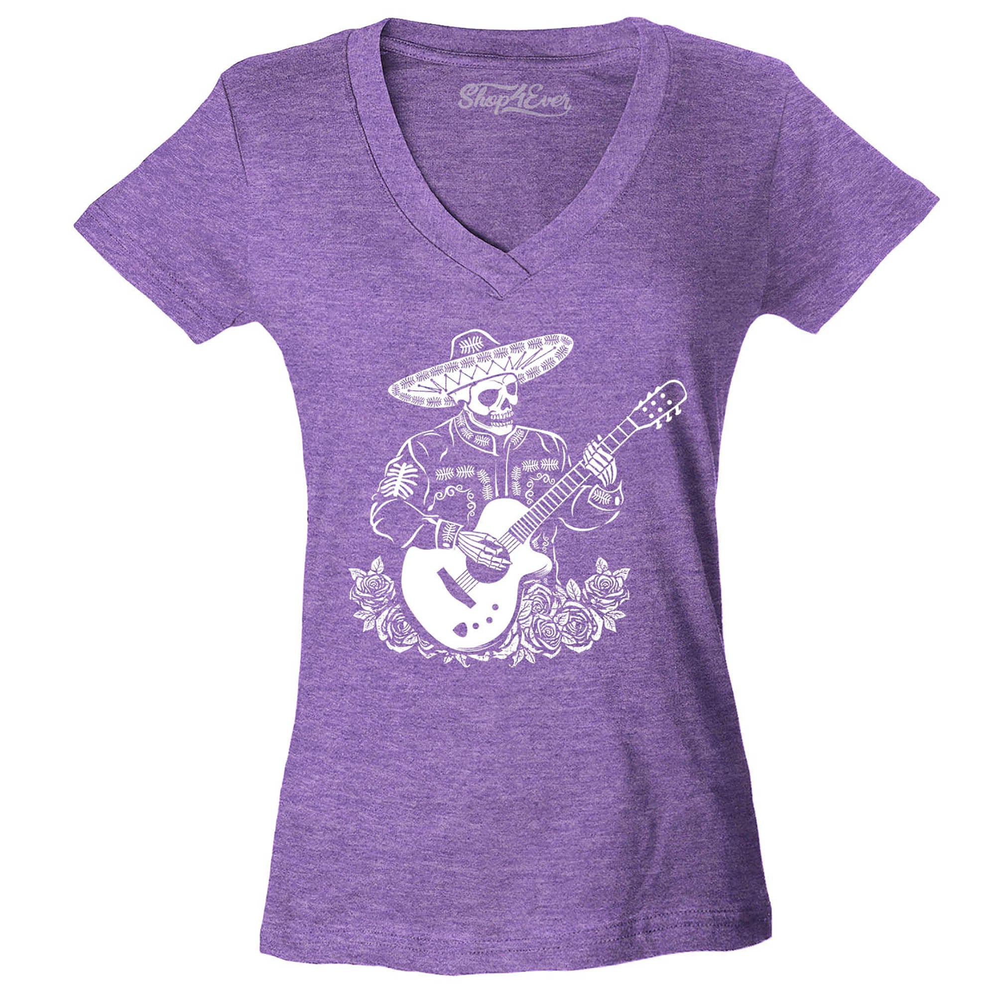 Mariachi Skeleton Playing Guitar Day of The Dead Women's V-Neck T-Shirt Slim Fit