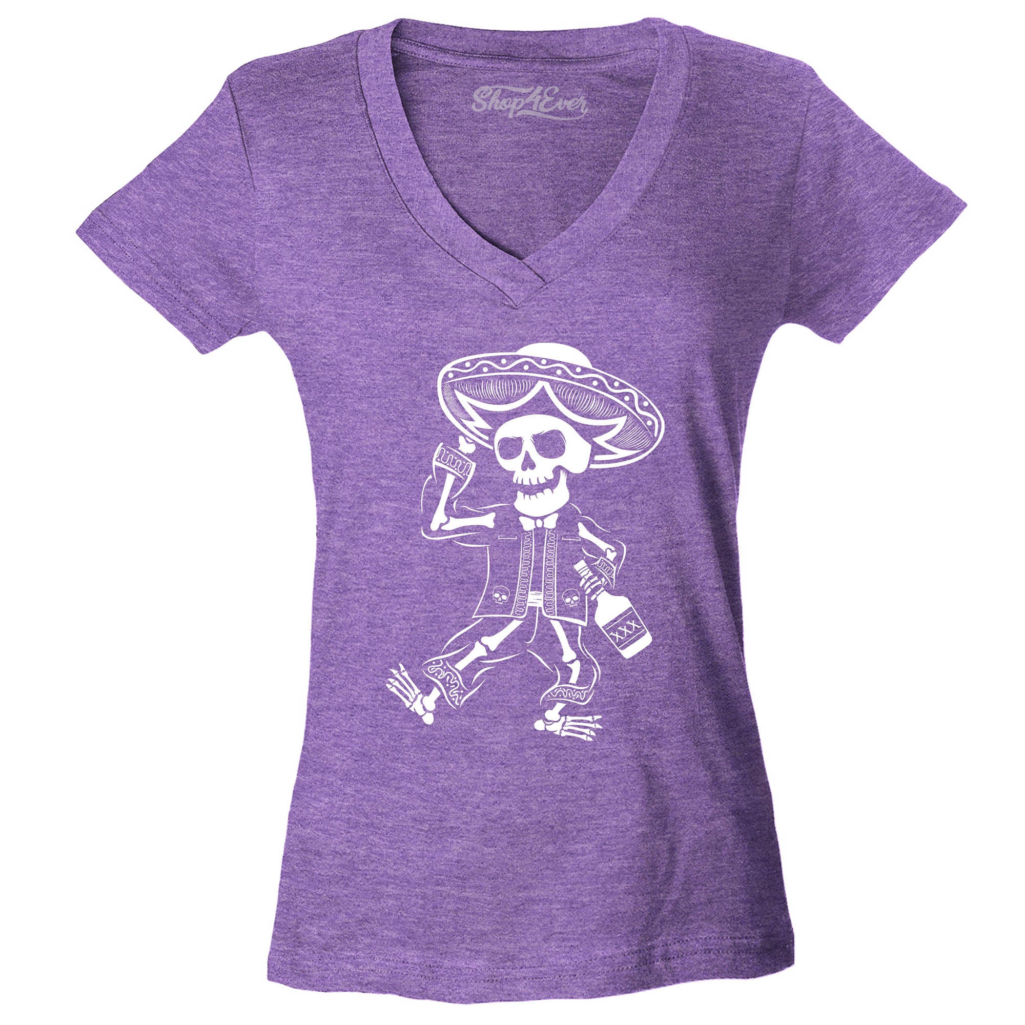 Drunk Mariachi Skeleton Day of The Dead Women's V-Neck T-Shirt Slim Fit