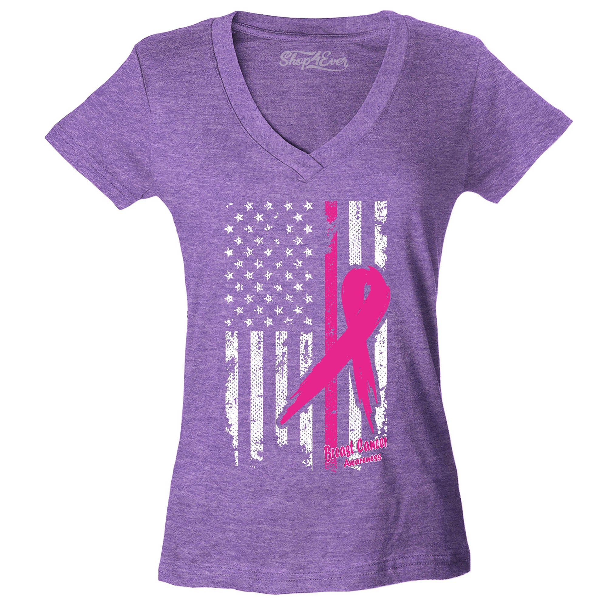 Pink Breast Cancer Ribbon American Flag Women's V-Neck T-Shirt Slim FIT
