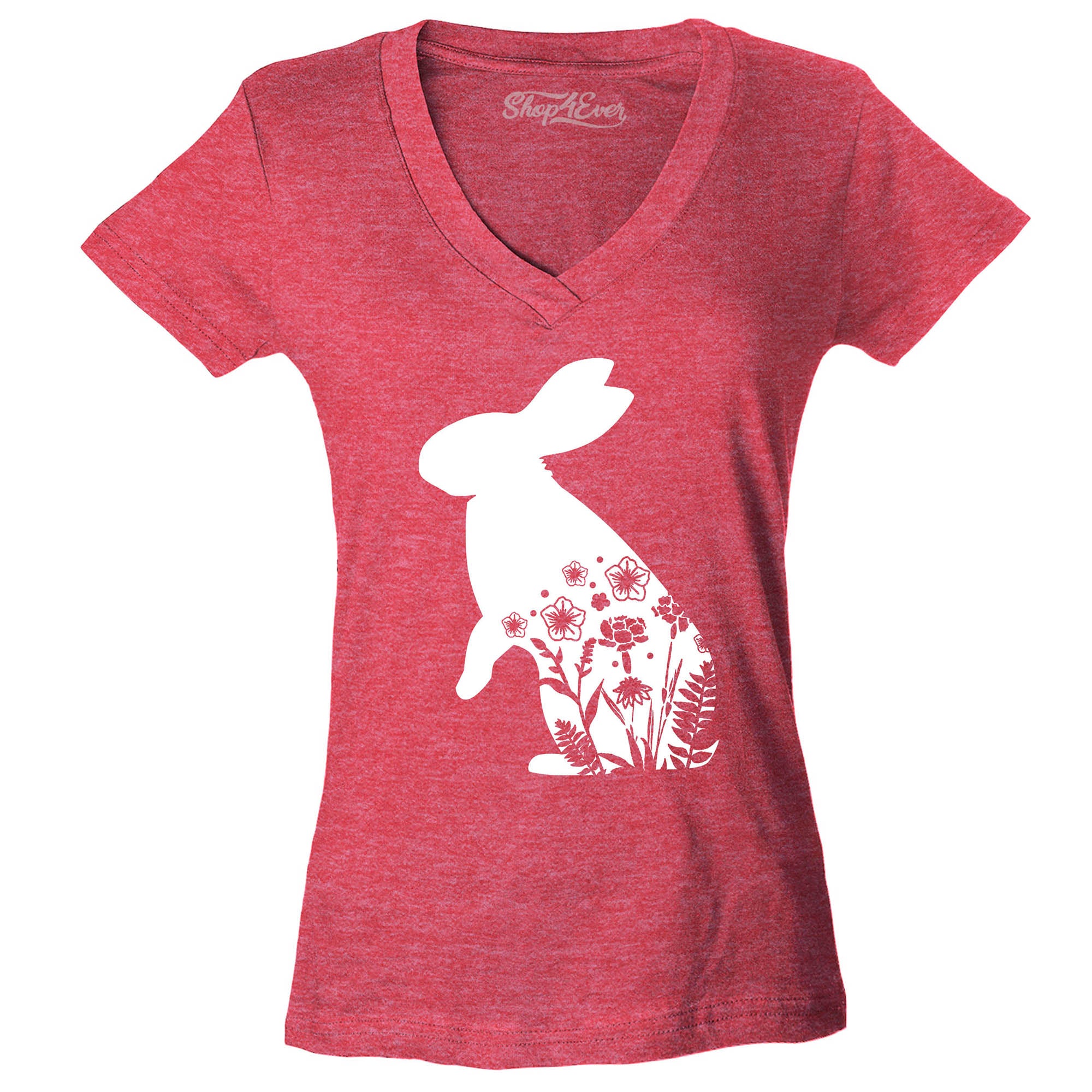 Floral Easter Bunny Rabbit with Spring Flowers Women's V-Neck T-Shirt Slim Fit