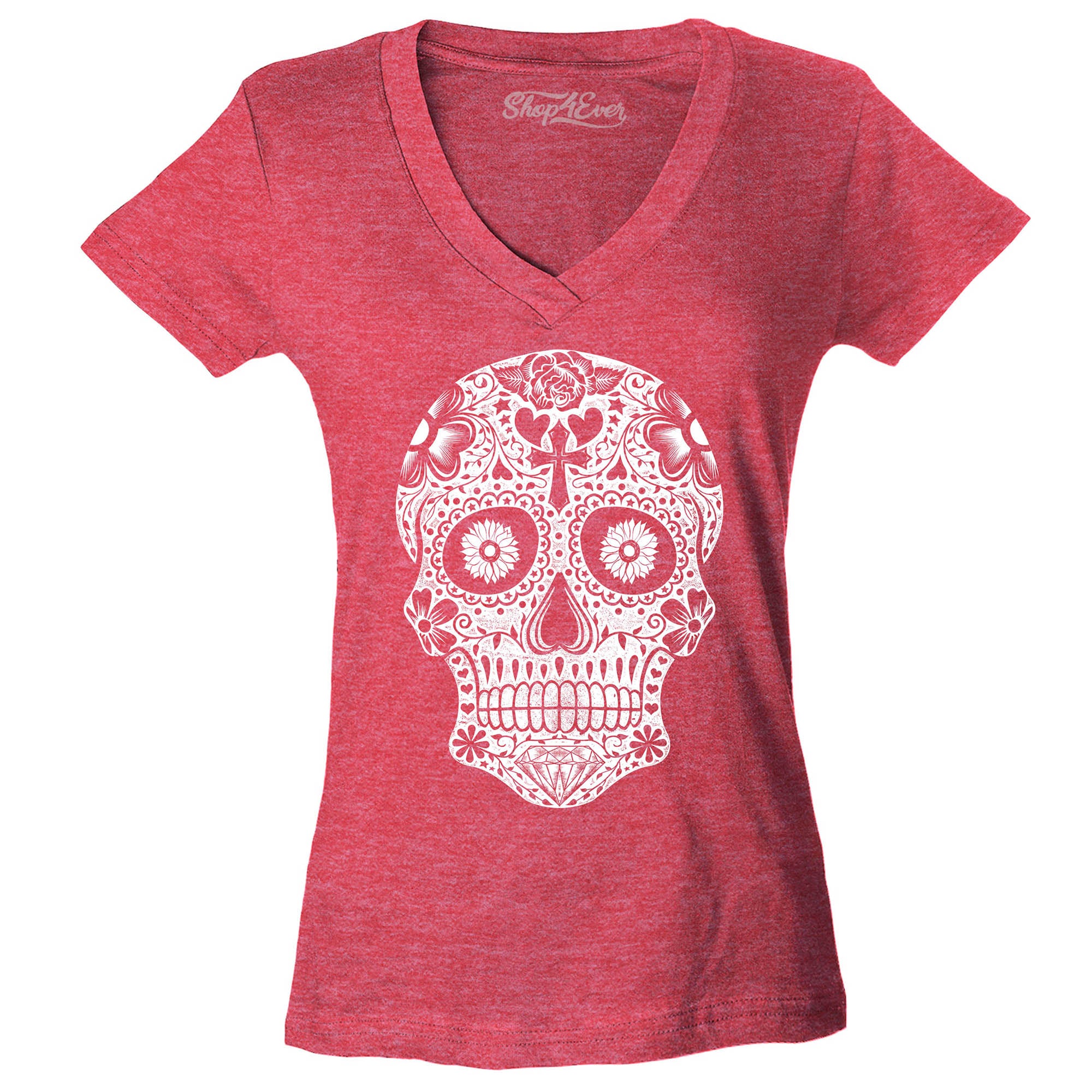Day of The Dead White Skull Women's V-Neck T-Shirt Slim Fit