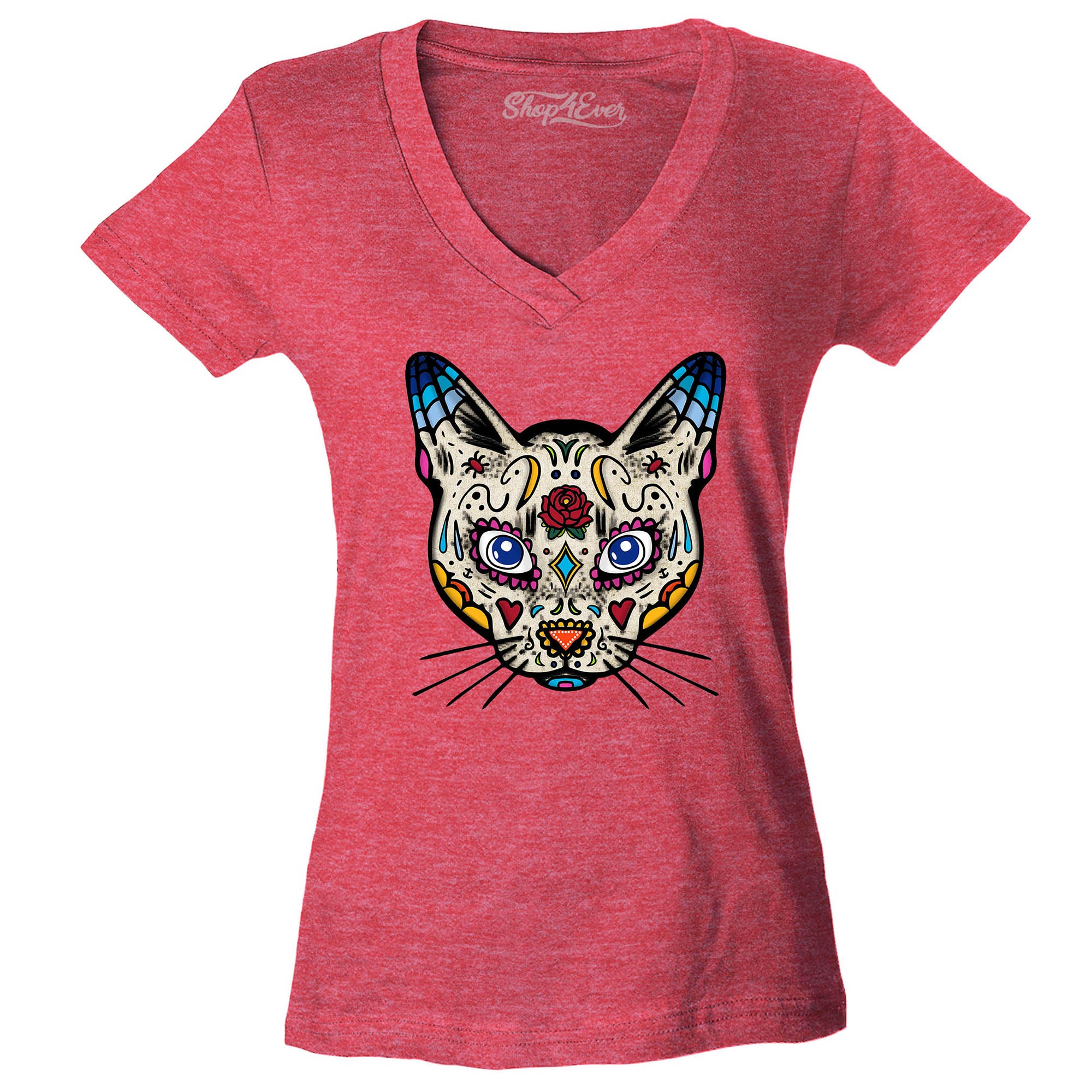 Day of The Dead Sugar Cat Women's V-Neck T-Shirt Slim Fit