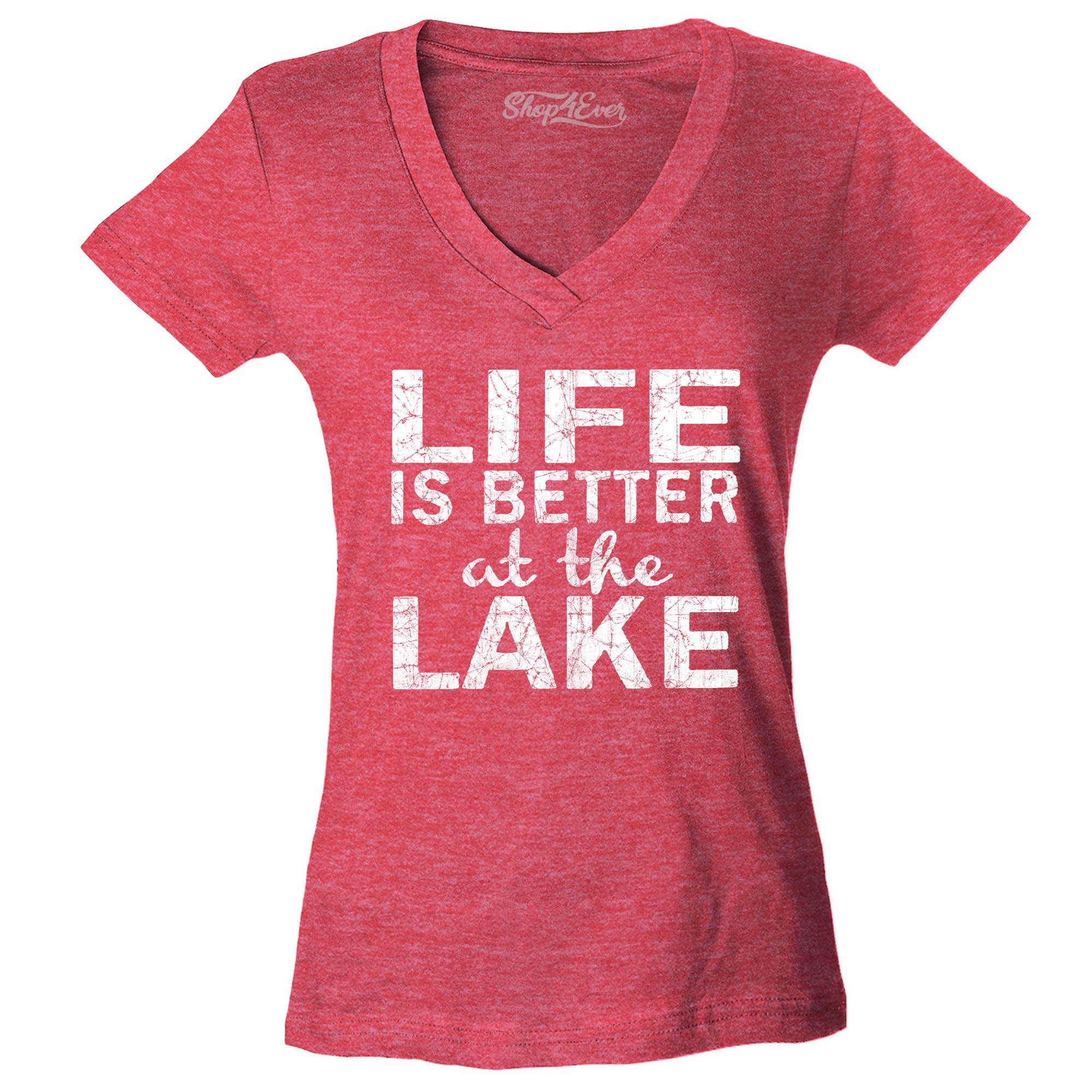 Life is Better at The Lake Women's V-Neck T-Shirt Sayings Shirts Slim FIT