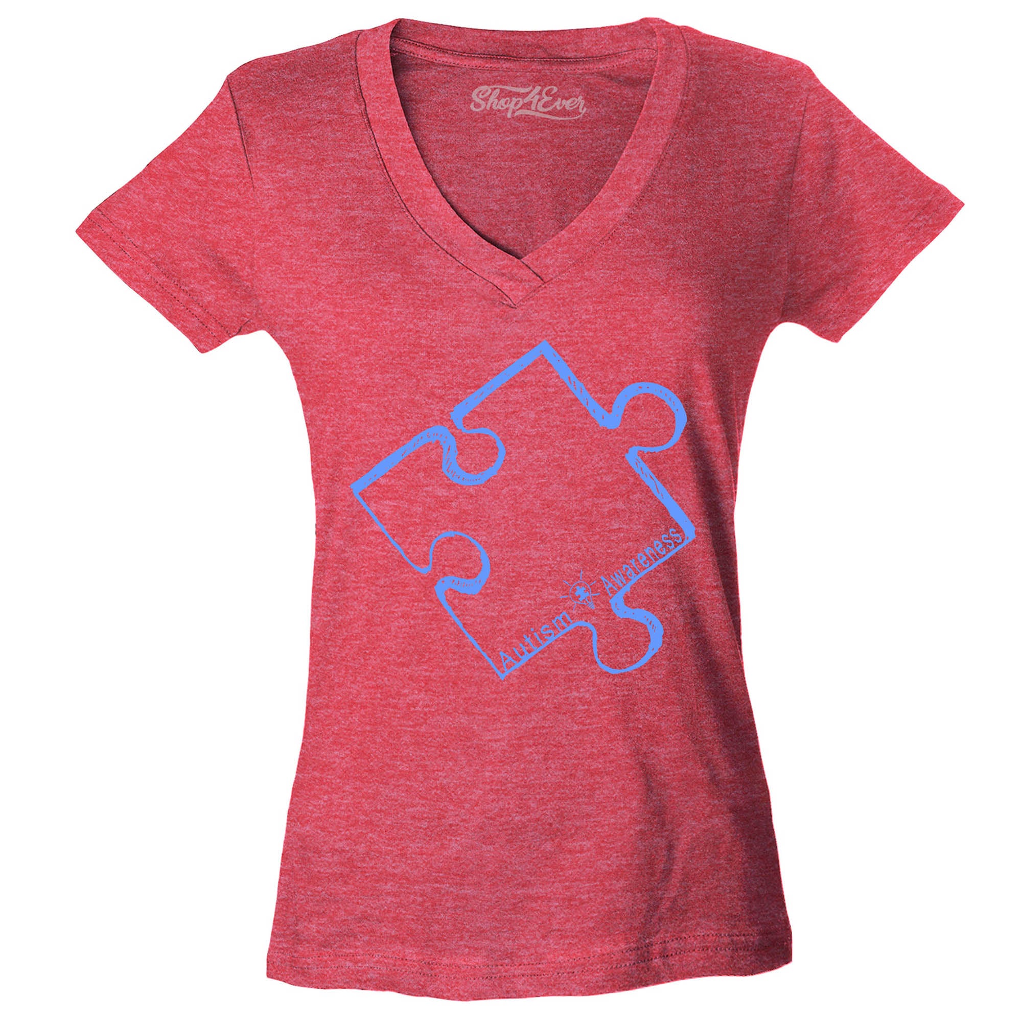 Blue Puzzle Piece Women's V-Neck T-Shirt Autism Support Shirts