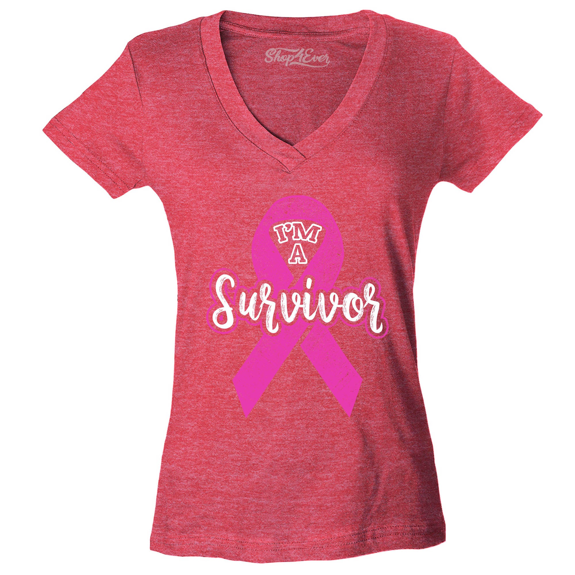 I'm A Survivor Breast Cancer Awareness Women's V-Neck T-Shirt Pink Ribbon Shirts Slim Fit