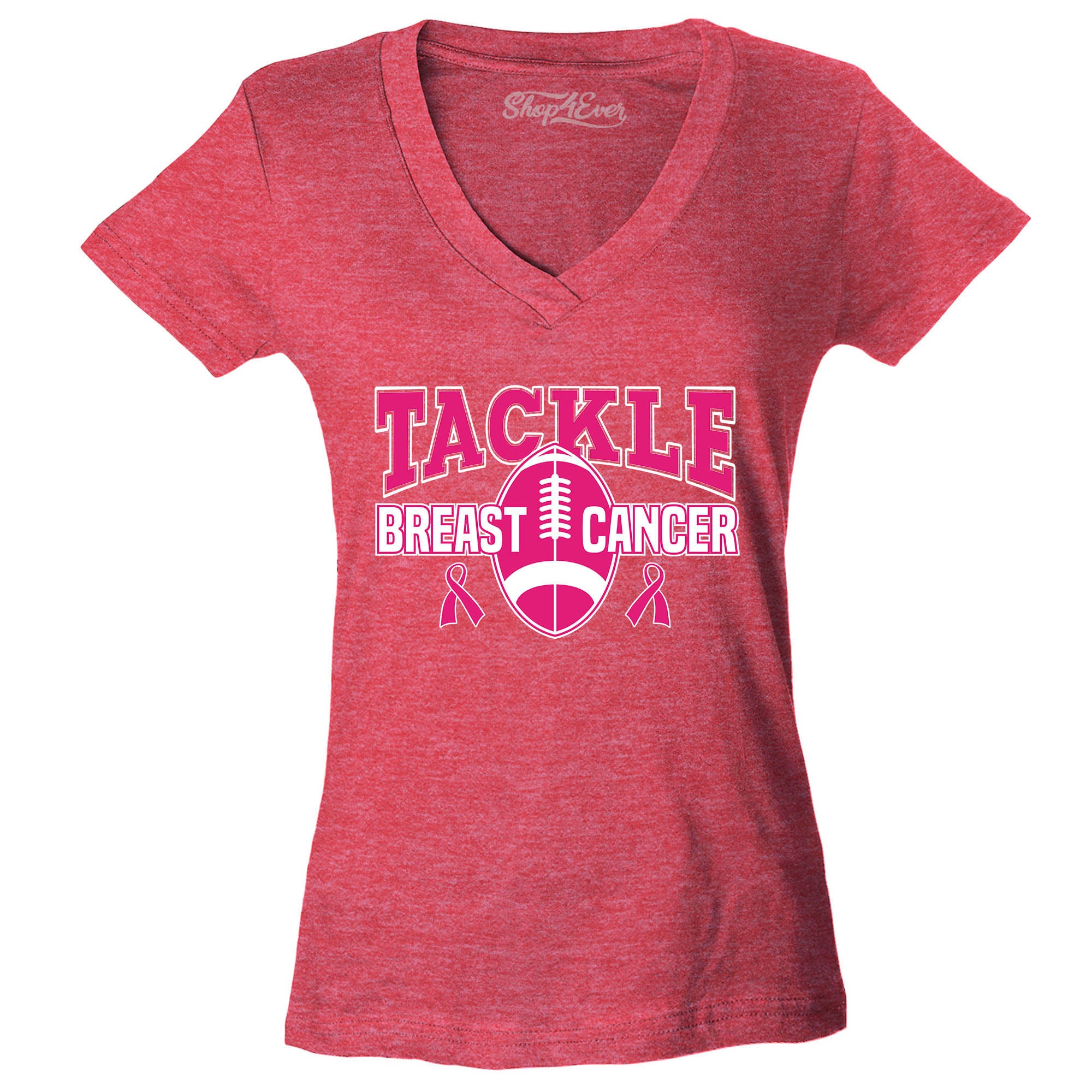 Tackle Breast Cancer Awareness Women's V-Neck T-Shirt Football Pink Ribbon Shirts Slim Fit