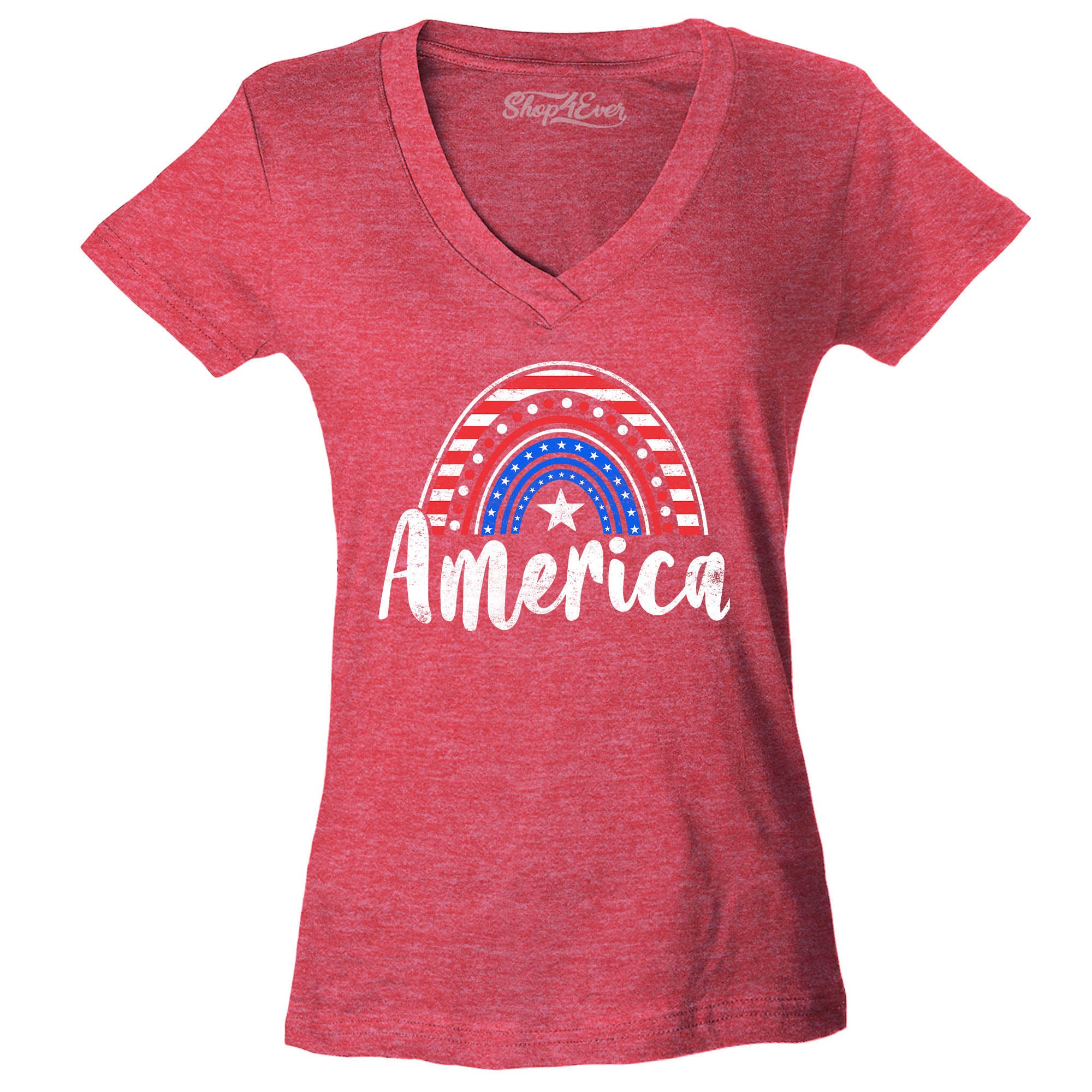 America Patriotic Rainbow 4th of July Women's V-Neck T-Shirt Slim Fit