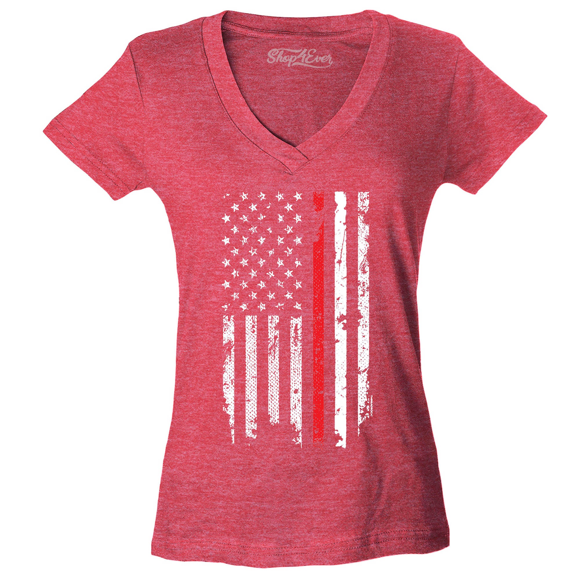 Firefighter American Flag Red Line Stripe USA Women's V-Neck T-Shirt 4th of July Shirts Slim FIT